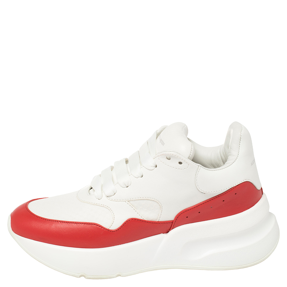 

Alexander McQueen White/Red Leather And Mesh New Larry Lace Up Sneakers Size