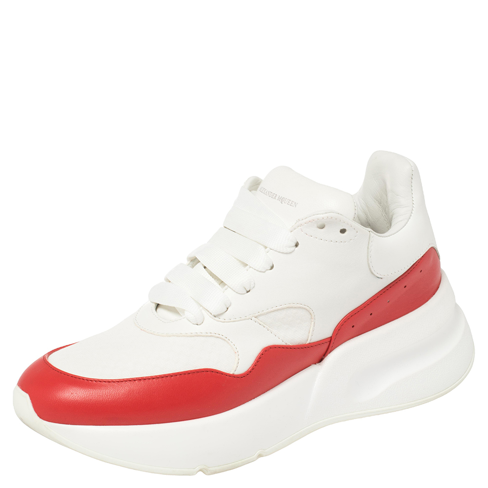 Pre-owned Alexander Mcqueen White/red Leather And Mesh New Larry Lace Up Sneakers Size 38.5