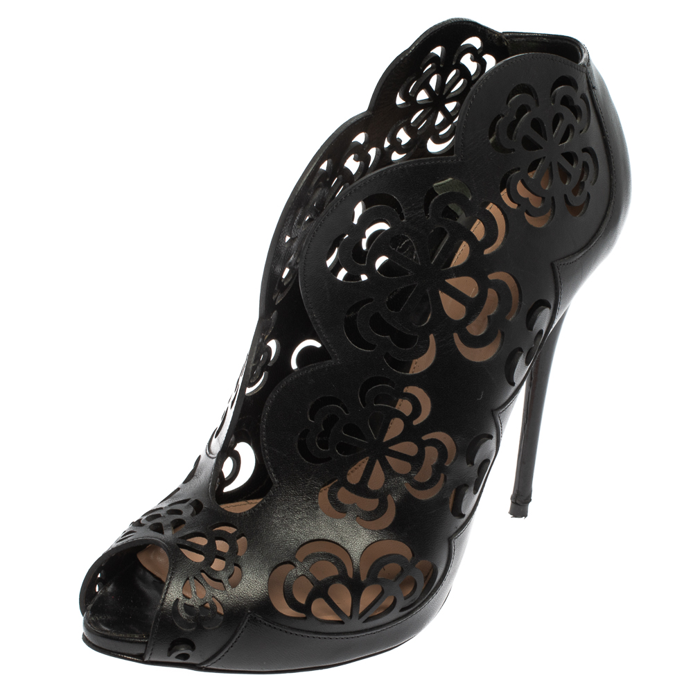Pre-owned Alexander Mcqueen Black Floral Laser Cut Leather Peep Toe Booties Size 39