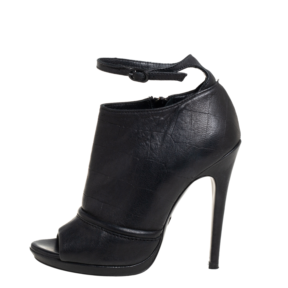 

McQ by Alexander McQueen Black Croc Embossed Leather Ankle Strap Booties Size