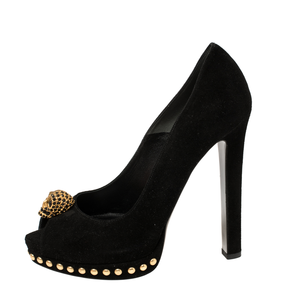 

Alexander McQueen Black Suede Crystal Embellished Skull Peep Toe Platform Pumps Size