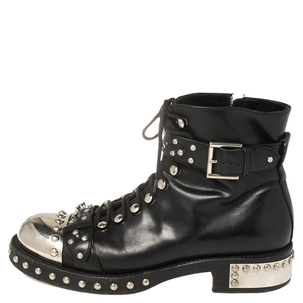 

Alexander McQueen Black Leather Cap Toe Studded Ankle Boots Size