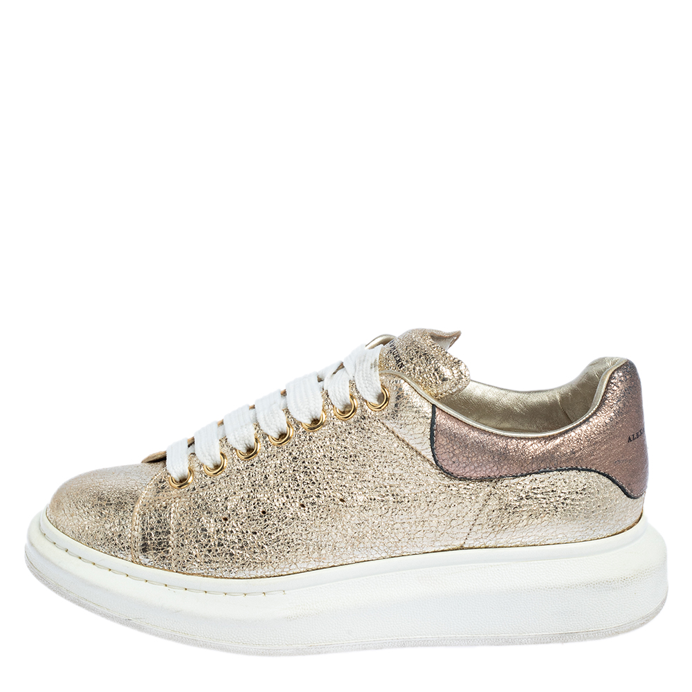 

Alexander McQueen Gold Foil Leather Oversized Low Top Sneakers Size