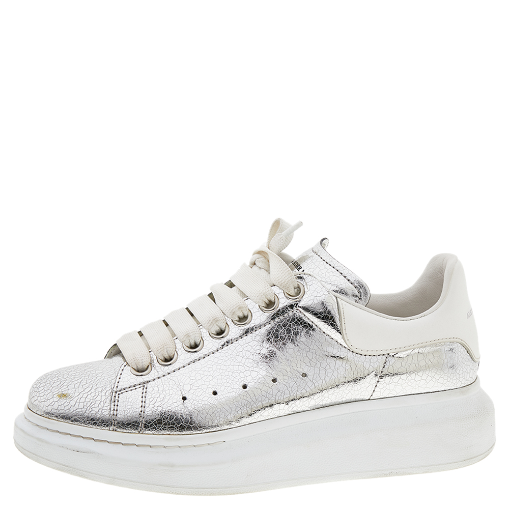 

Alexander McQueen Metallic Silver Leather Larry Platform Lace Up Sneakers Size