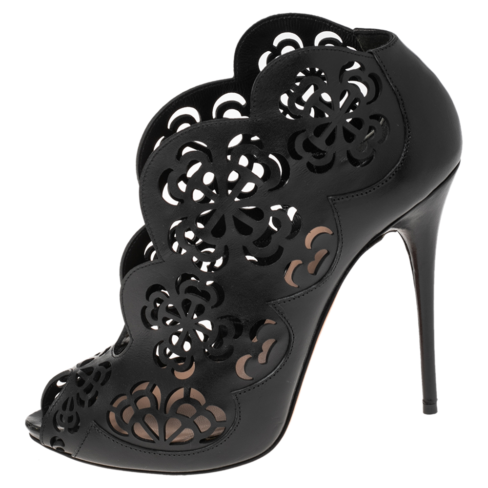 

Alexander McQueen Black Floral Cut Out Leather Booties Size