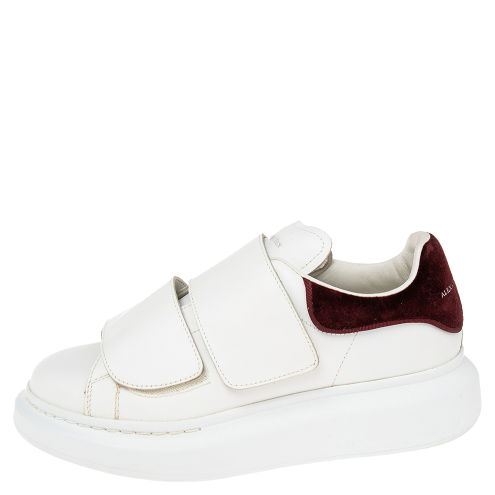 

Alexander McQueen White Leather and Burgundy Velvet Oversized Velcro Strap Sneakers Size