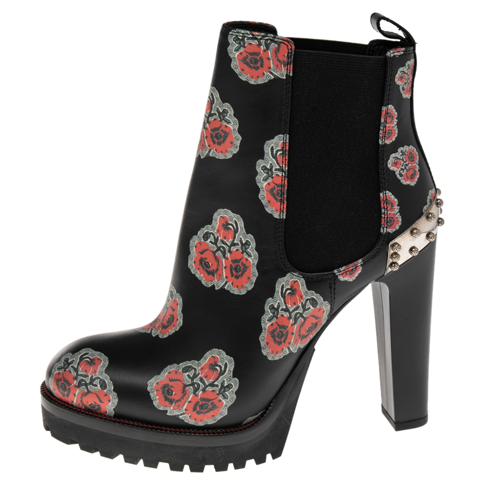 

Alexander McQueen Black/Red Floral Print Leather Poppy Ankle Boots Size