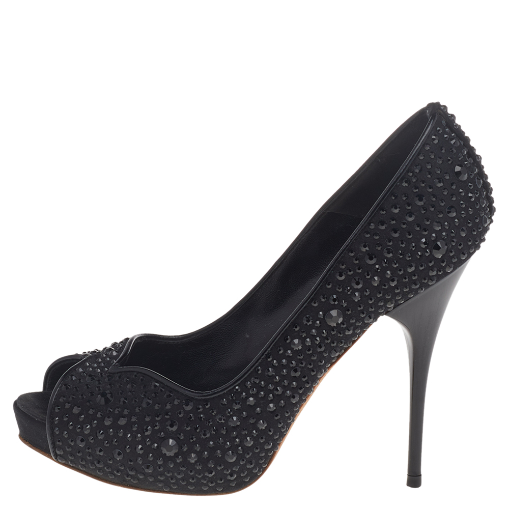 

Alexander McQueen Black Satin Crystal Embellished Peep Toe Pumps Size
