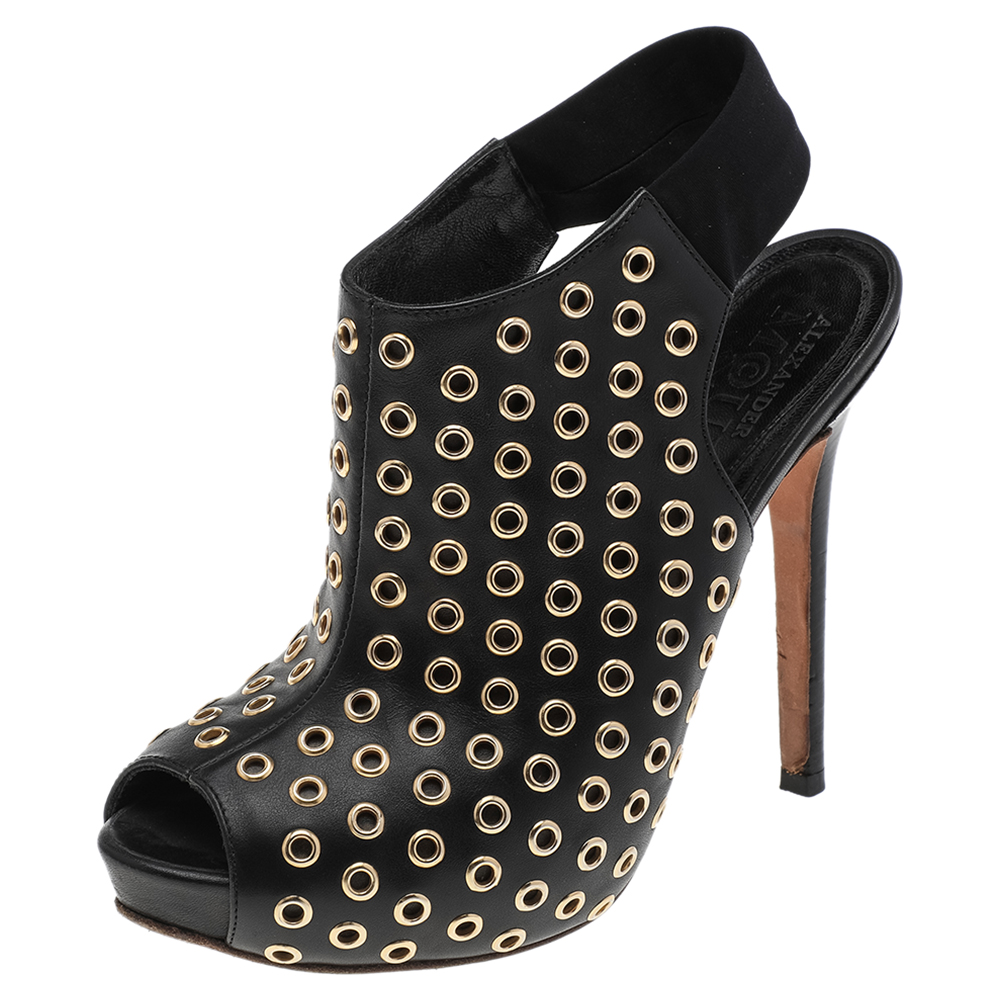 

Alexander McQueen Black Leather Grommet Peep Toe Ankle Slingback Boots Size