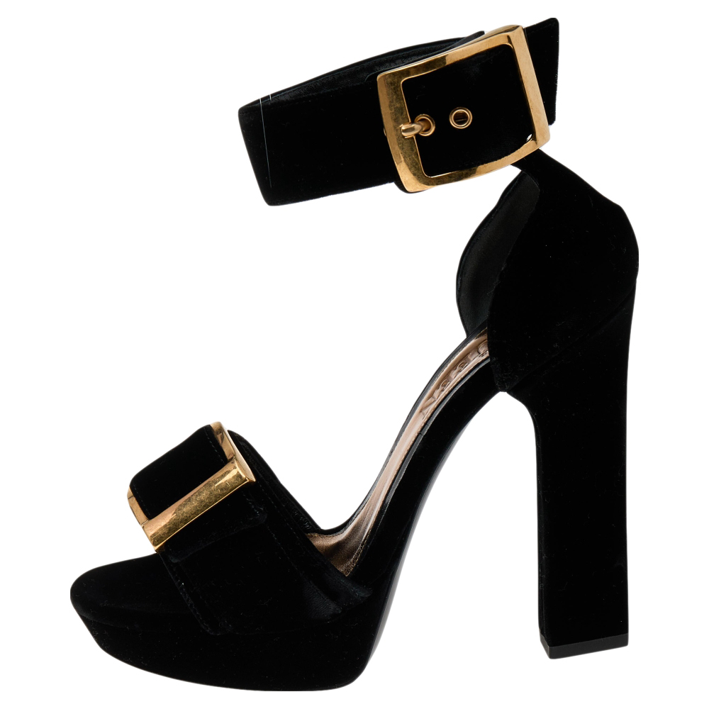 

Alexander McQueen Black Velvet Platform Ankle Strap Sandals Size