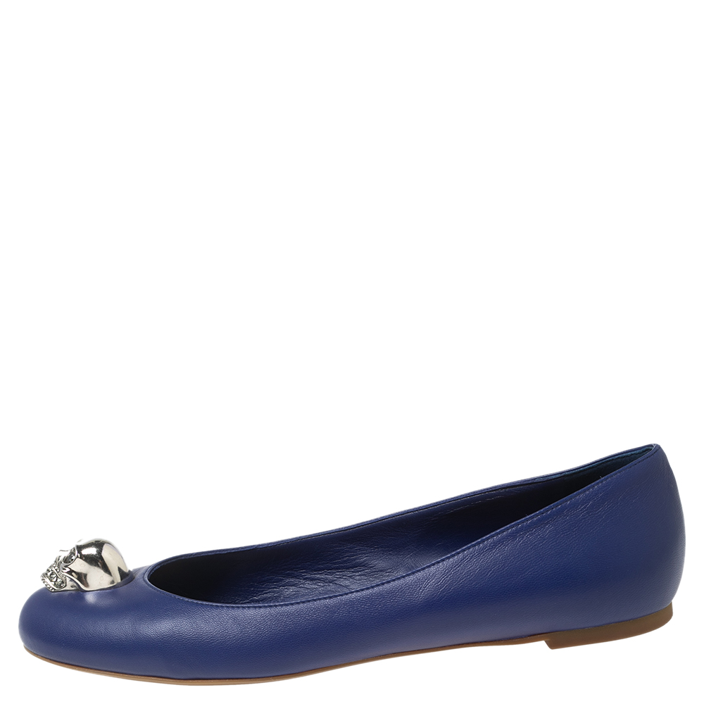 

Alexander McQueen Blue Leather Skull Zip Detail Ballet Flats Size