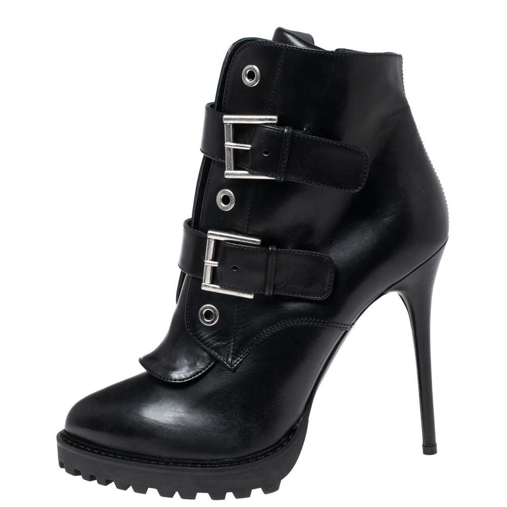 

Alexander McQueen Black Leather Buckle Platform Ankle Booties Size