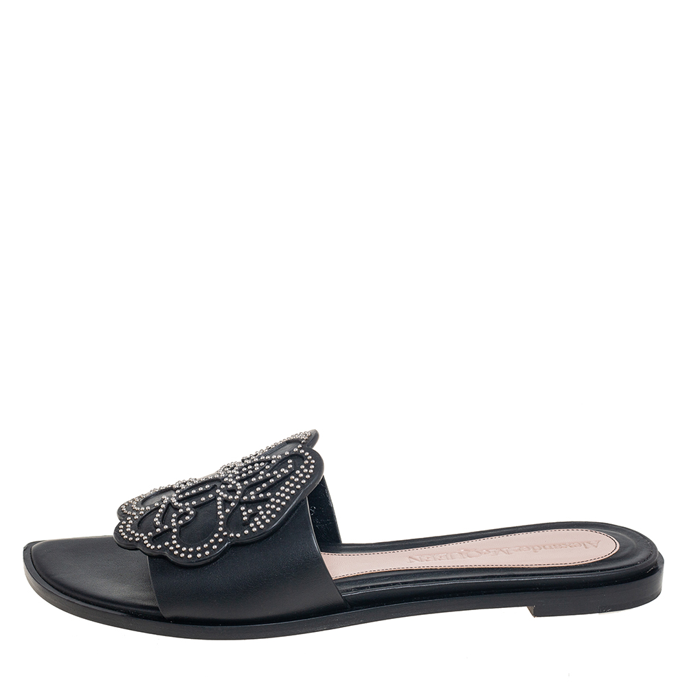 

Alexander McQueen Black Leather Studded Flower Applique Flat Slides Size