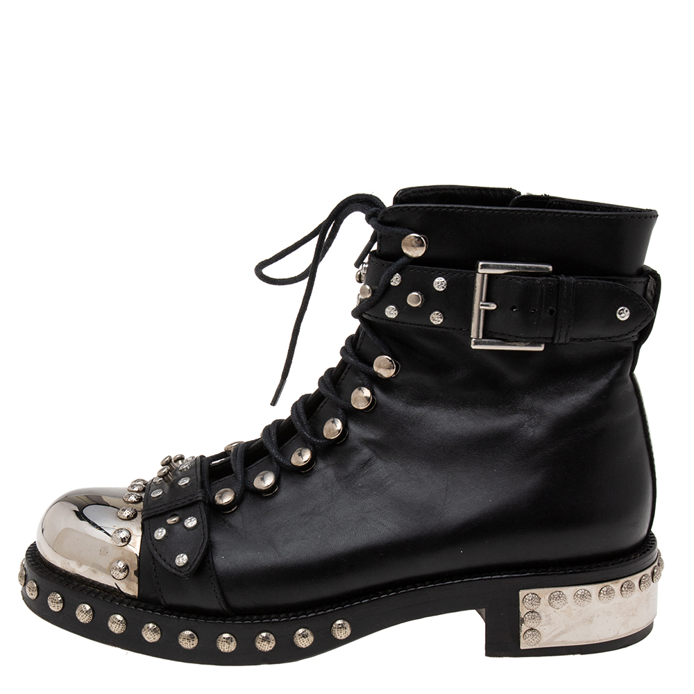 

Alexander McQueen Black Studded Leather Ankle Boots Size