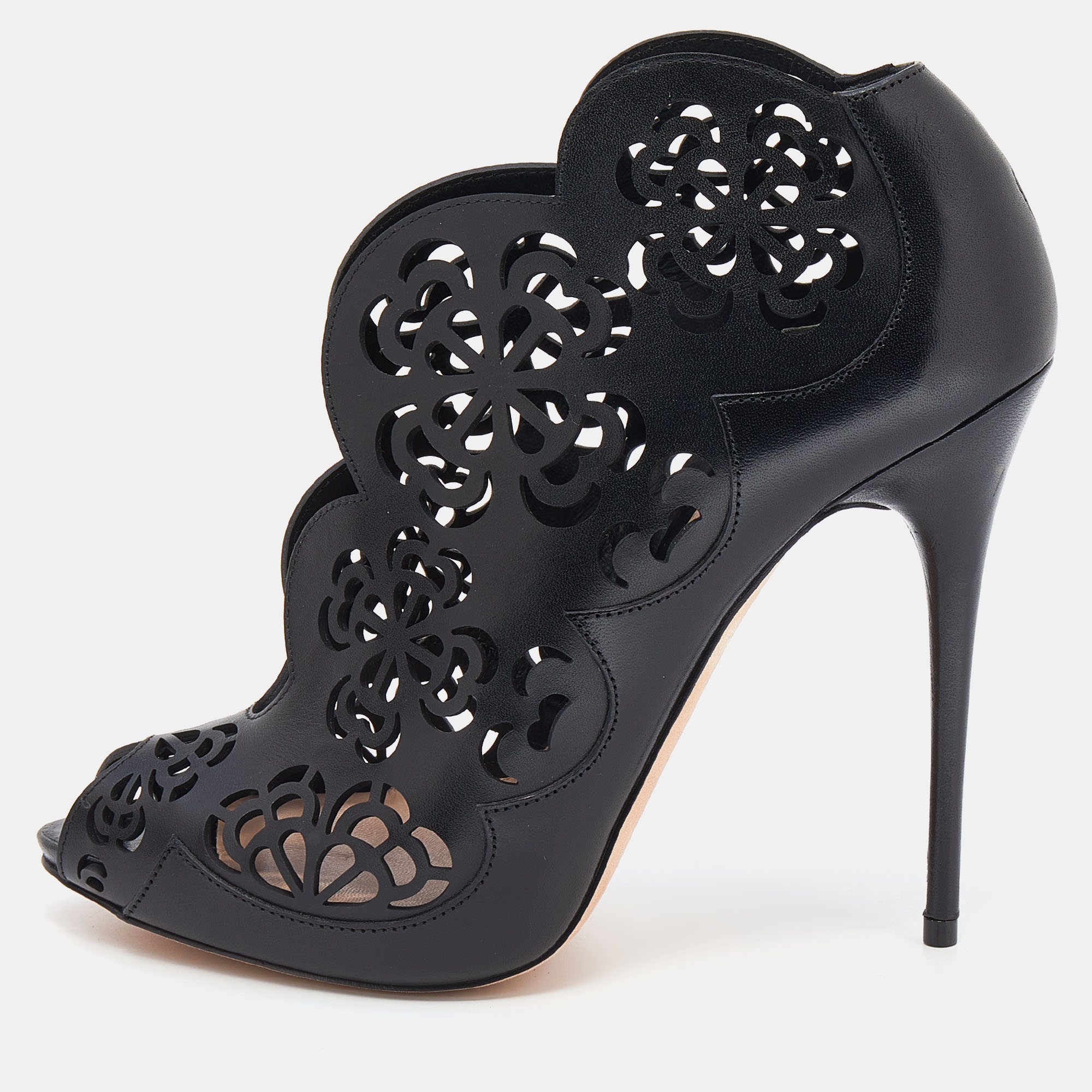 Pre-owned Alexander Mcqueen Black Floral Laser Cut Leather Peep Toe ...