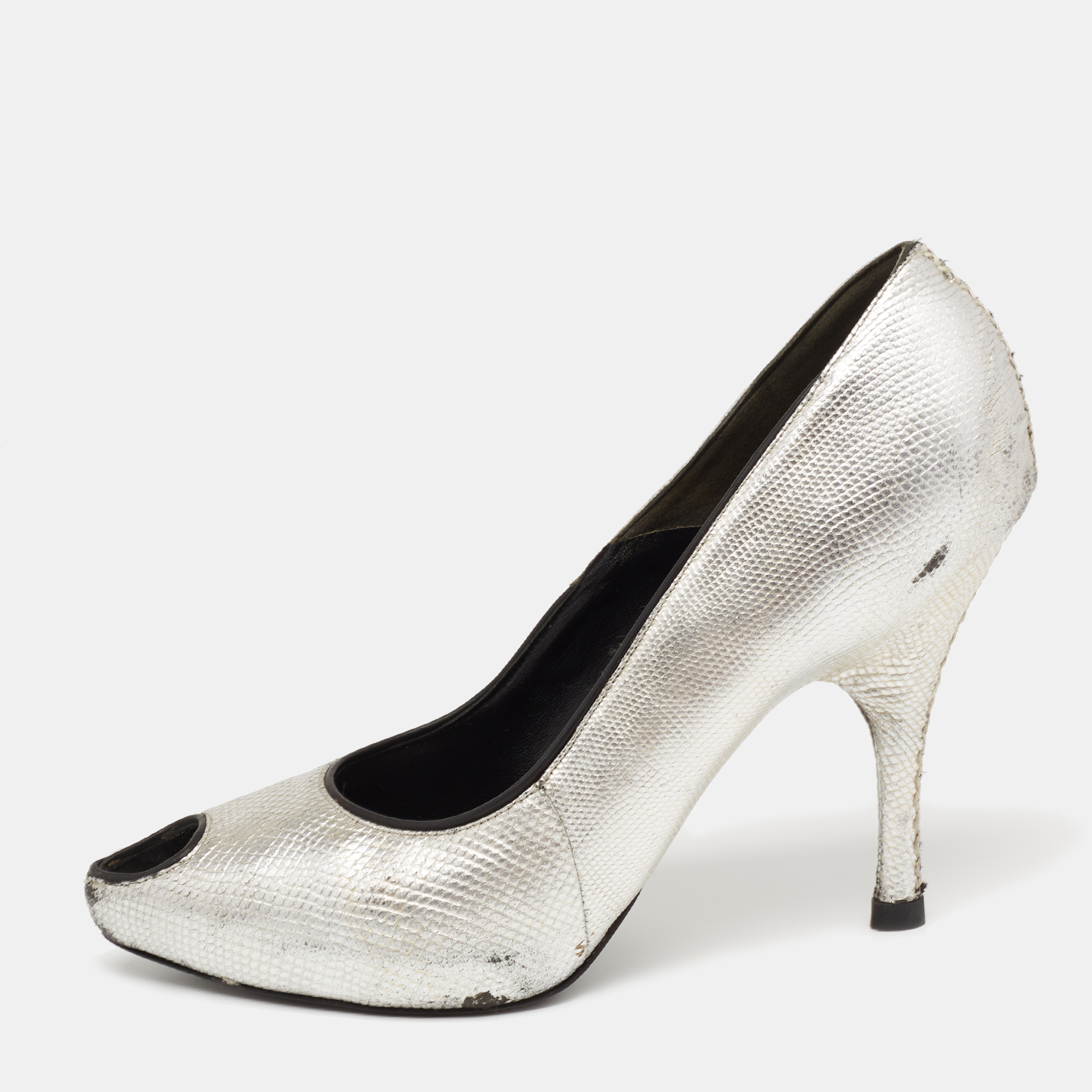 Pre-owned Alexander Mcqueen Silver Lizard Embossed Leather Peep-toe Pumps Size 37.5