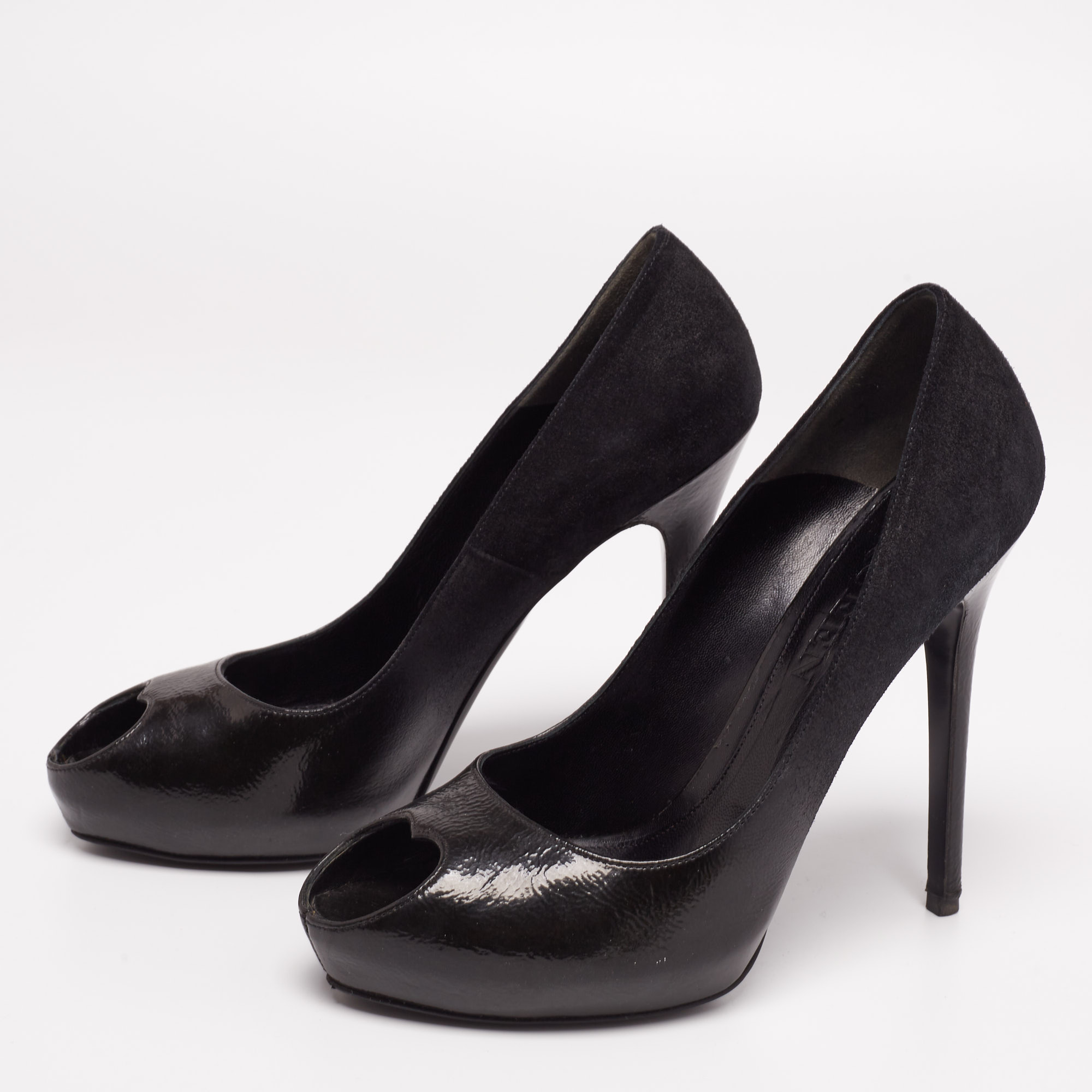 

Alexander McQueen Black Suede And Patent Leather Platform Peep Toe Pumps Size