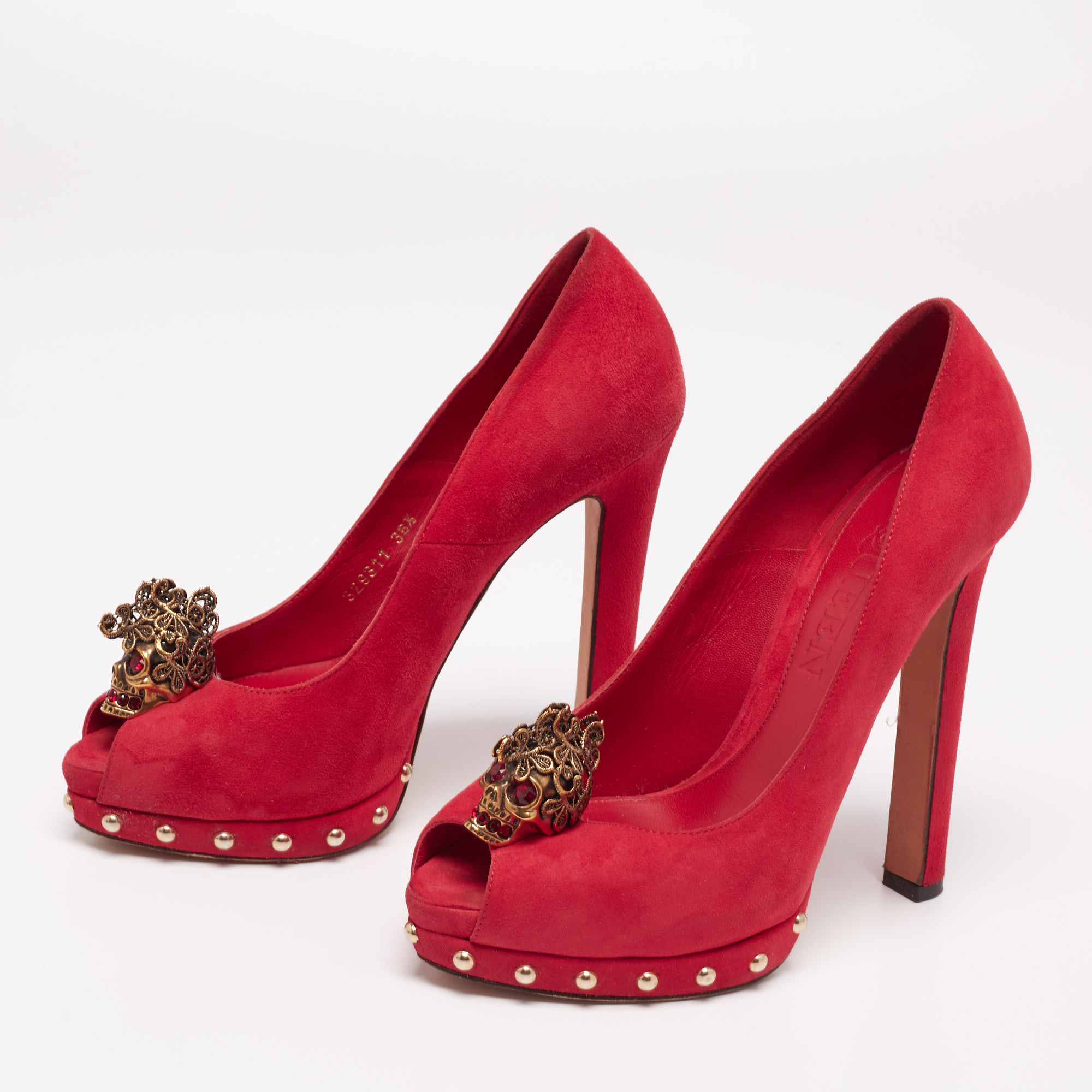 

Alexander McQueen Red Suede Skull Embellished Peep Toe Pumps Size