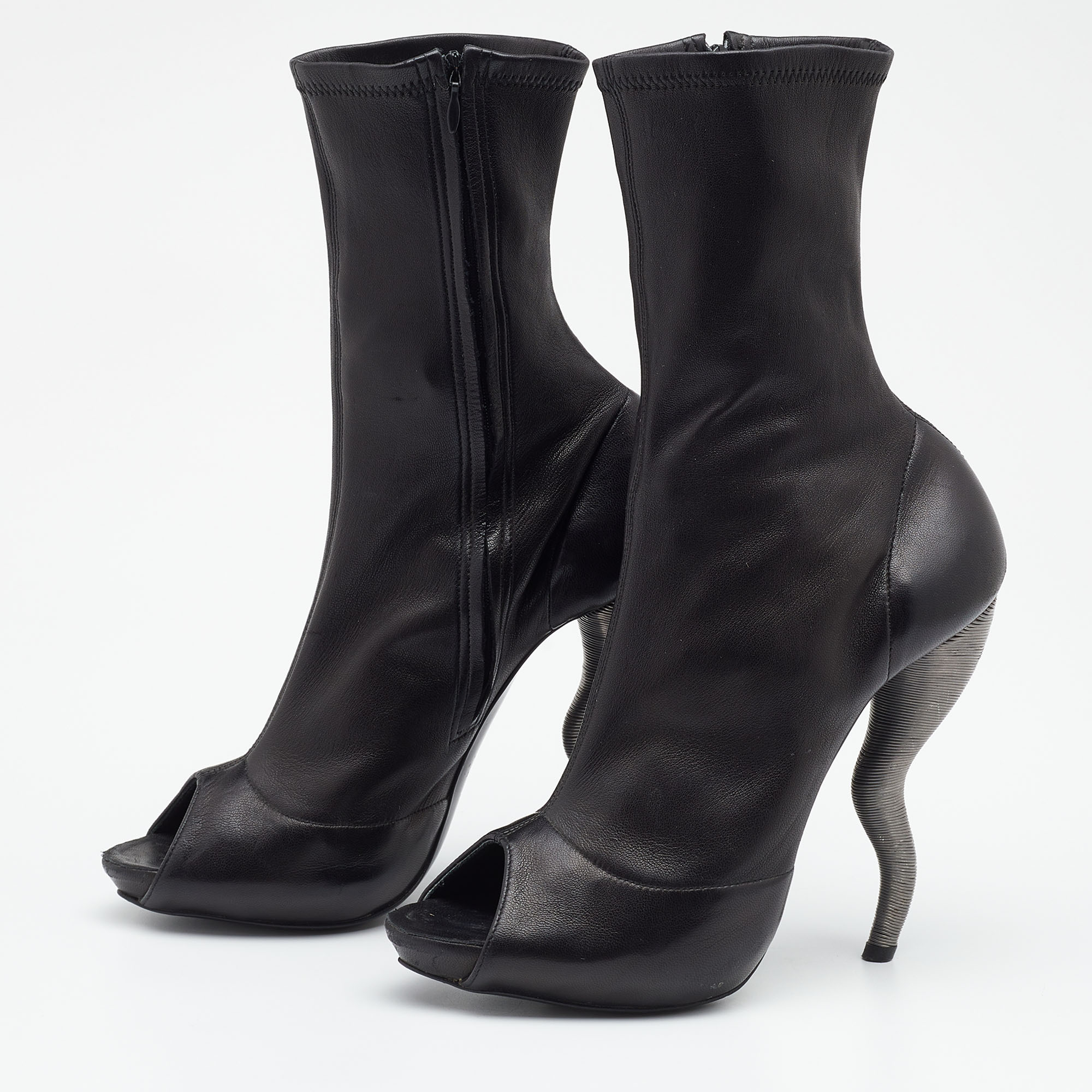 

Alexander McQueen Black Leather Peep Toe Boots Size