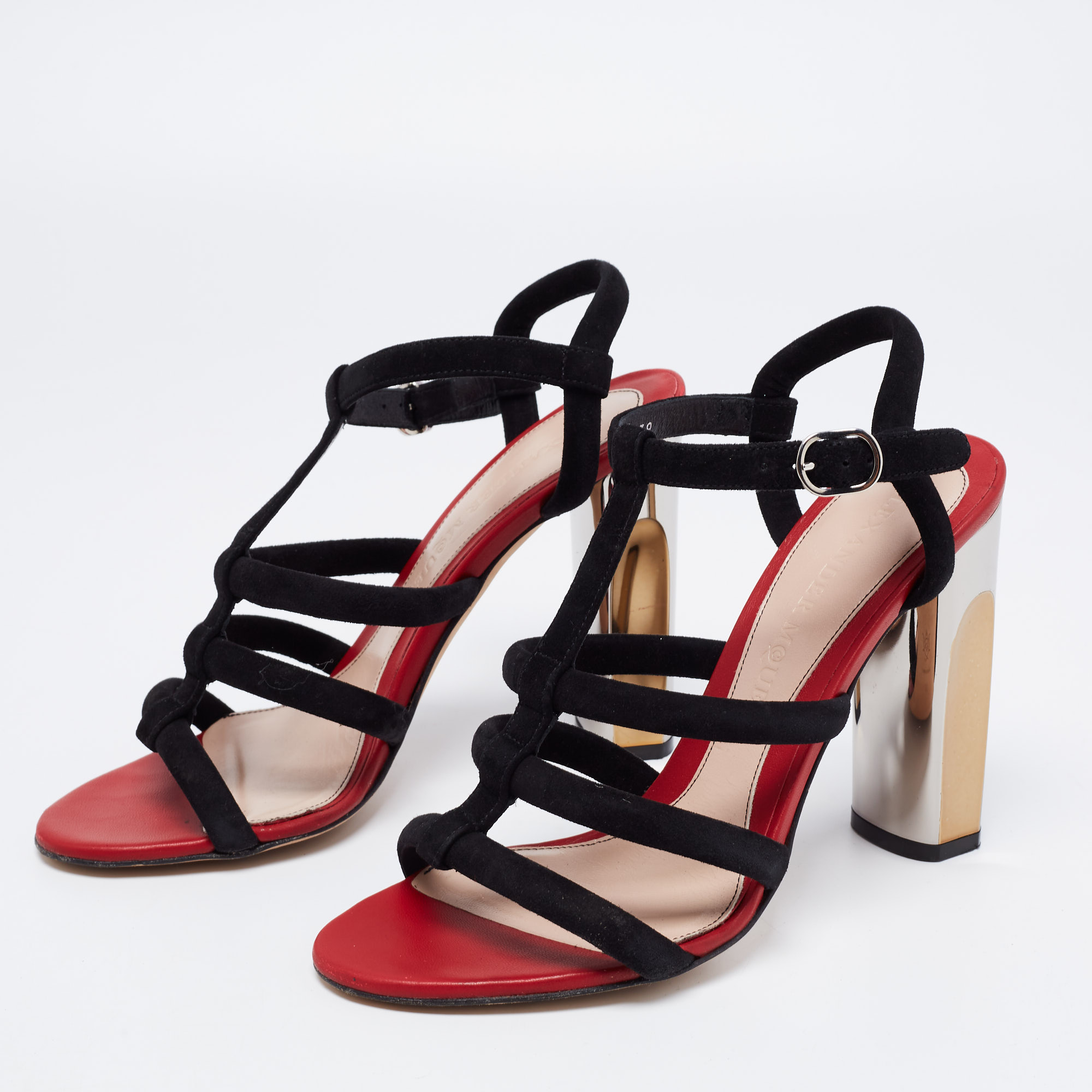 

Alexander McQueen Black Suede Block Heel Strappy Sandals Size