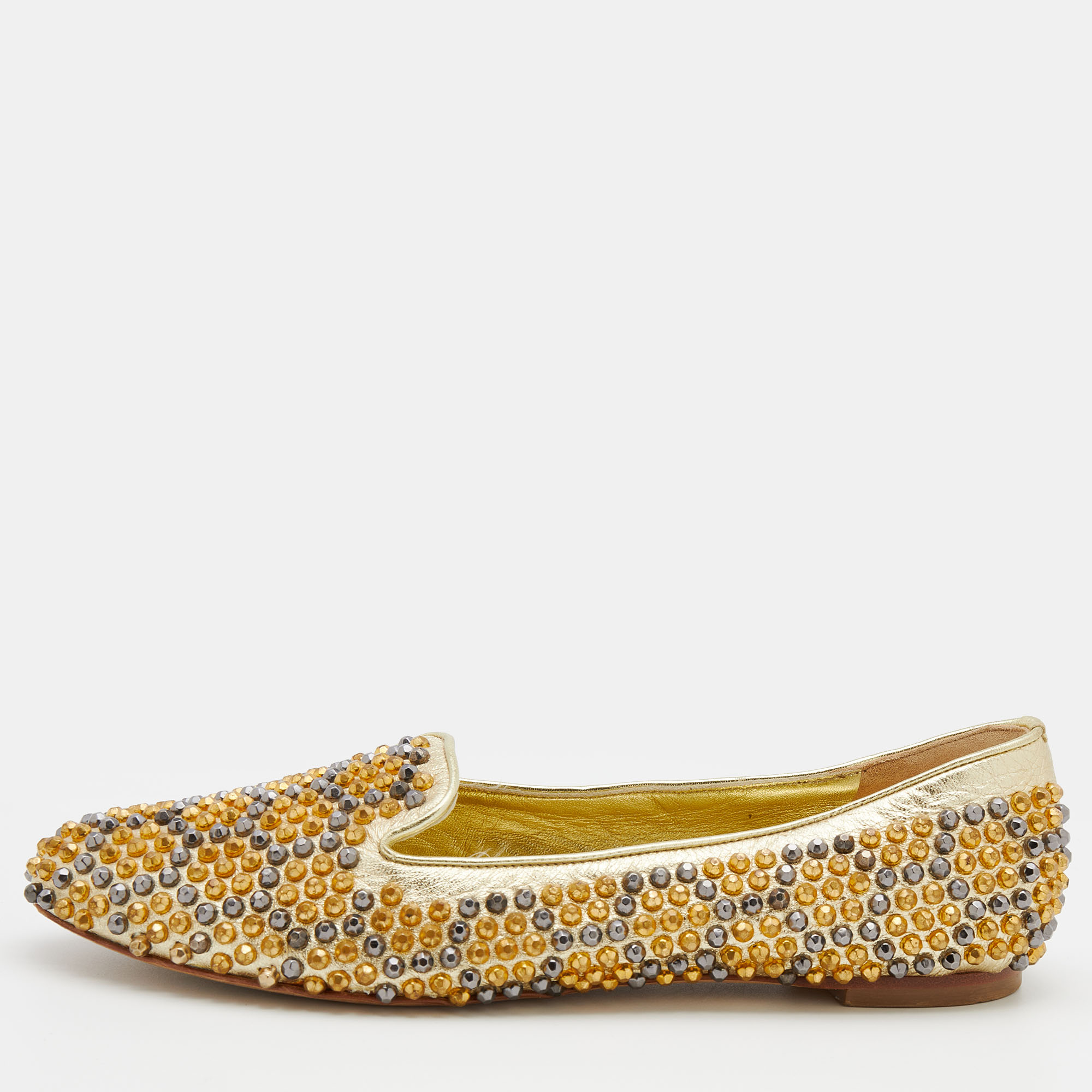 

Alexander McQueen Metallic Gold Leather Stud Embellished Smoking Slippers Size