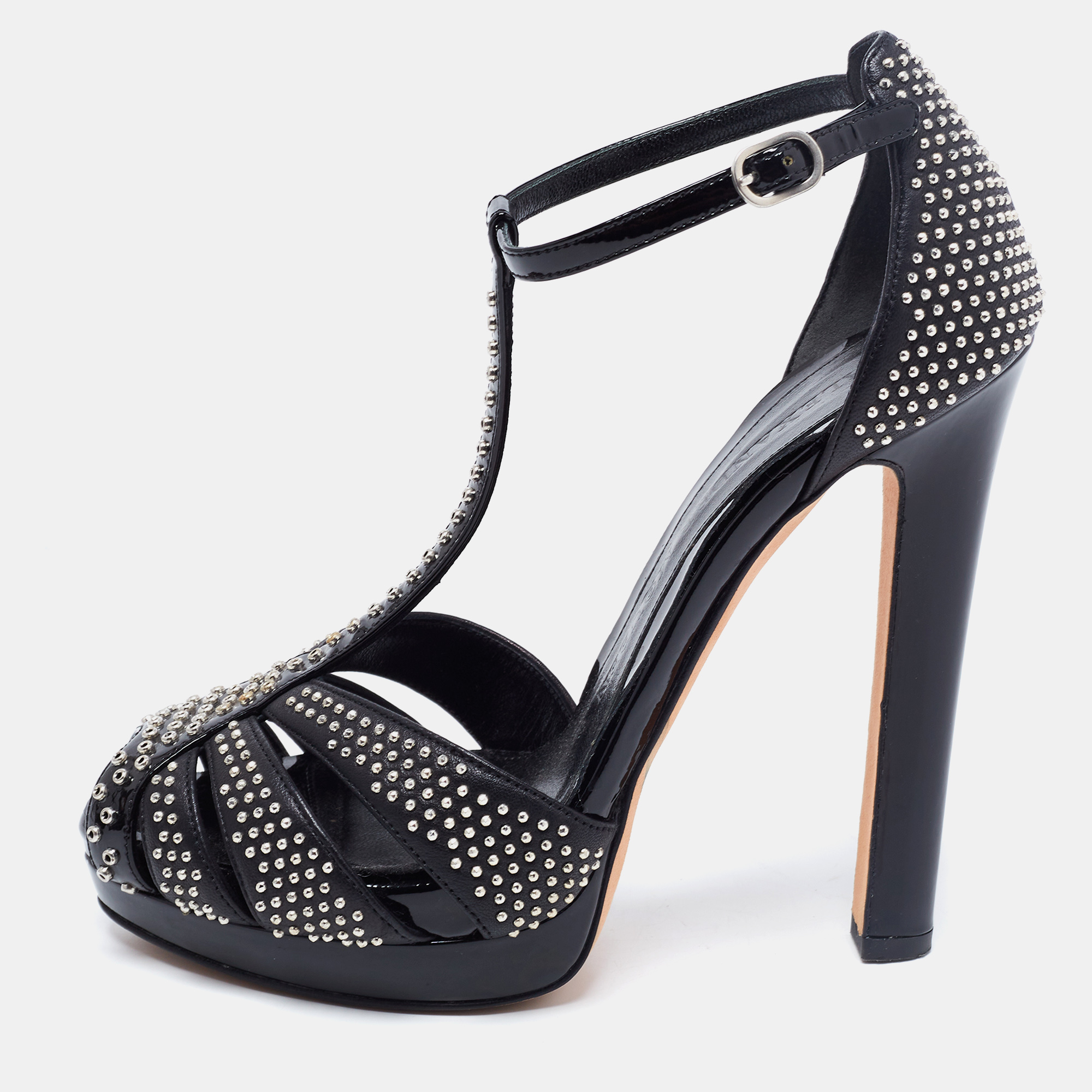 

Alexander McQueen Black Studded Leather Peep-Toe T-Bar Platform Sandals Size