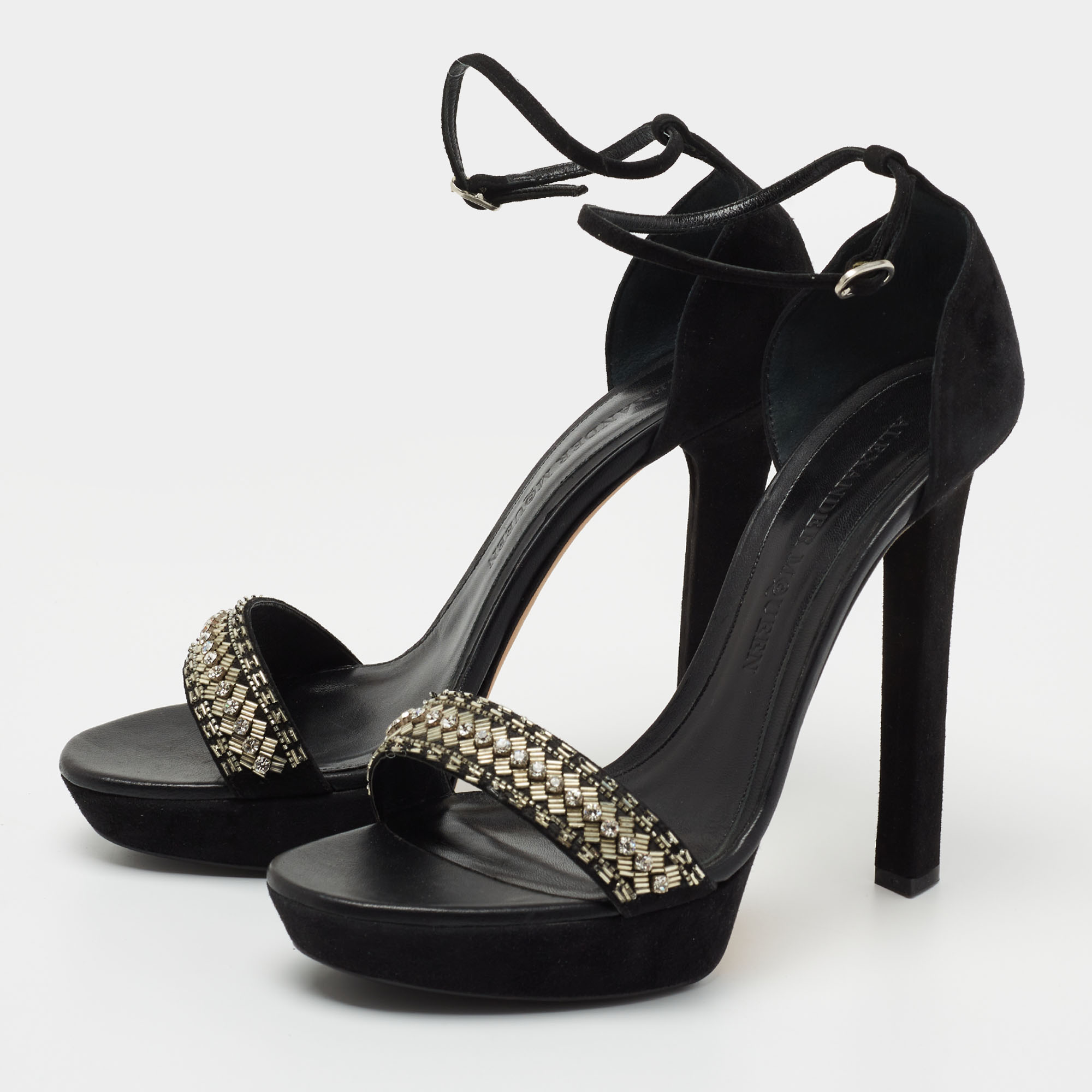 

Alexander McQueen Black Leather and Suede Ankle Strap Sandals
