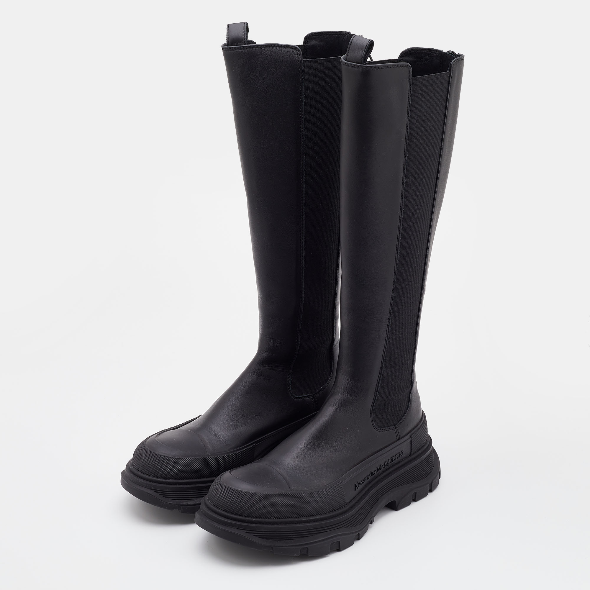 

Alexander McQueen Black Leather Knee Length Boots Size