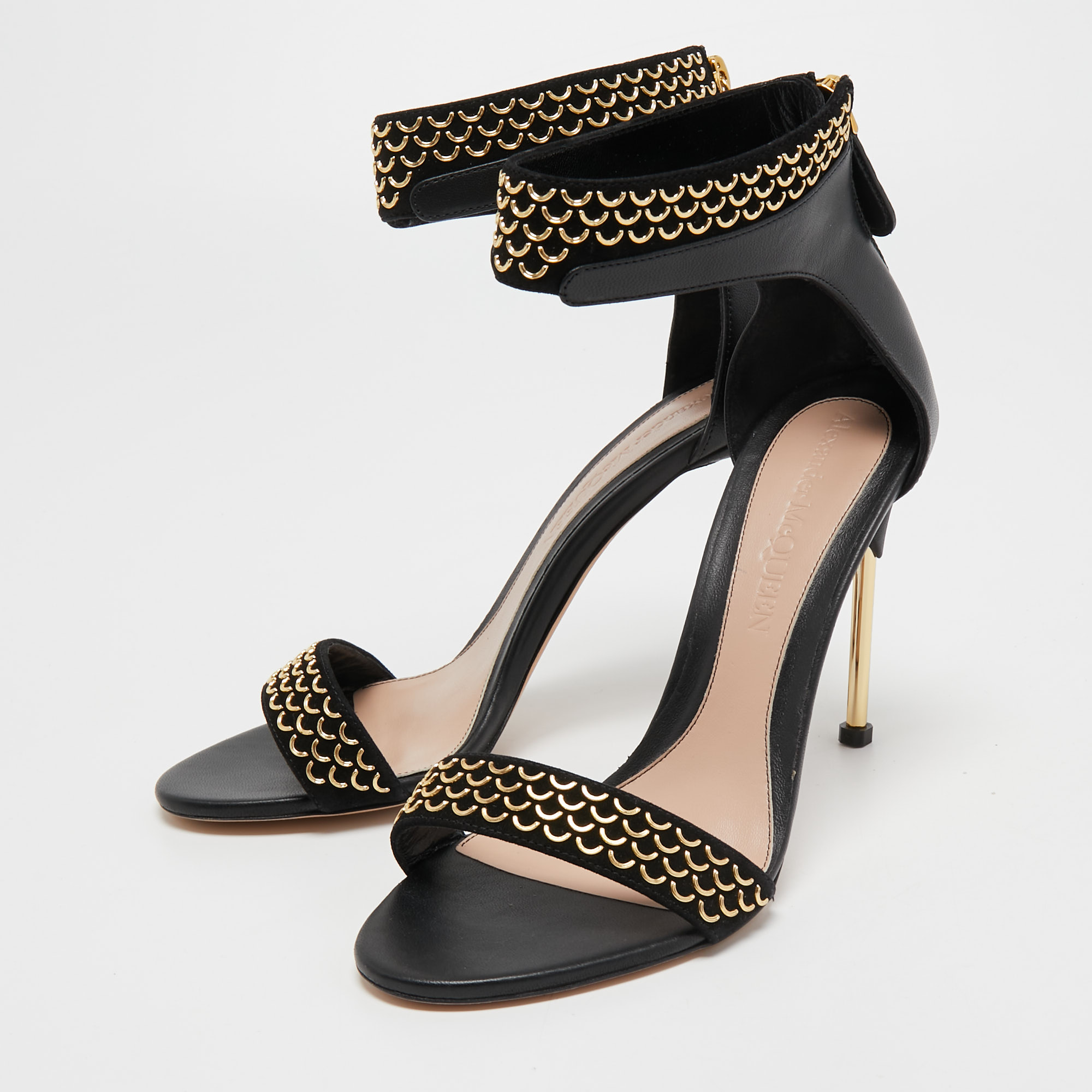 

Alexander McQueen Black Leather and Suede Ankle Strap Sandals Size