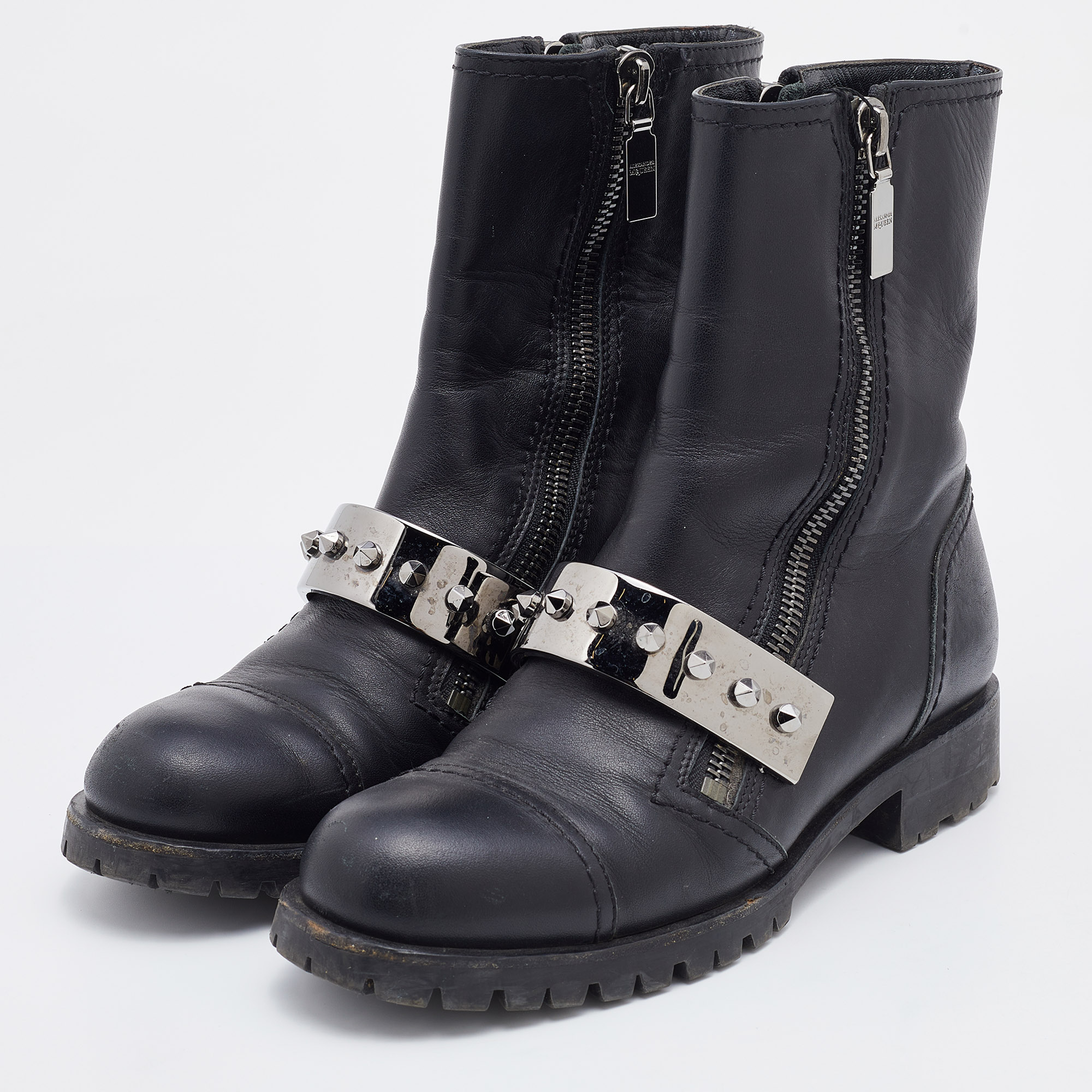 

Alexander McQueen Black Leather Metal Bar Studded Biker Ankle Boots Size