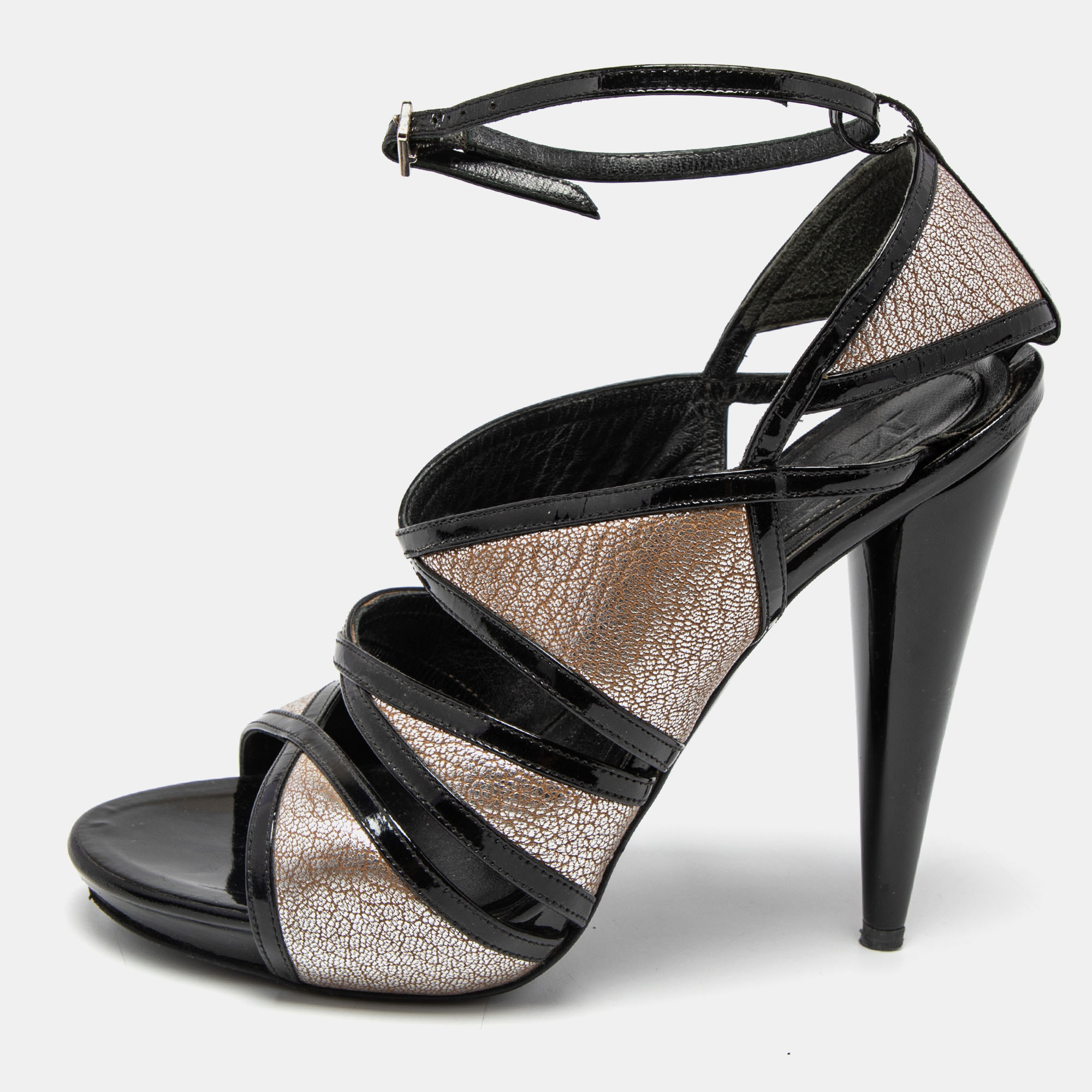 

Alexander McQueen Black/Silver Leather and Patent Ankle Strap Sandals Size
