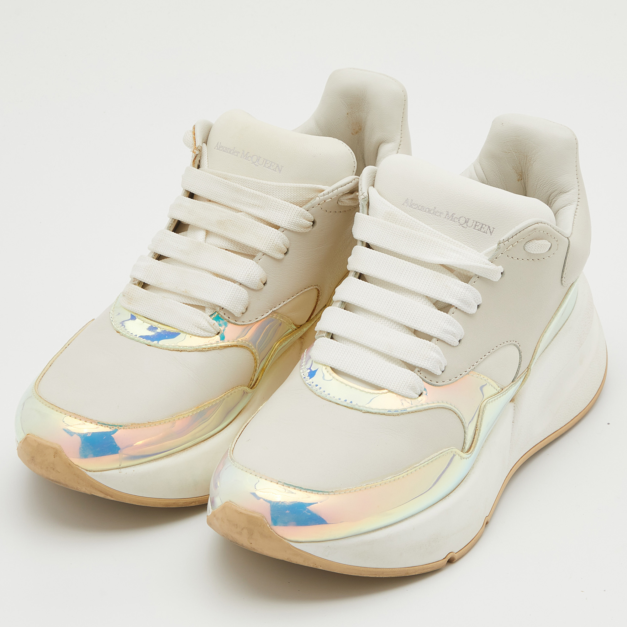 

Alexander McQueen White/Holographic Leather Oversized Runner Sneakers Size