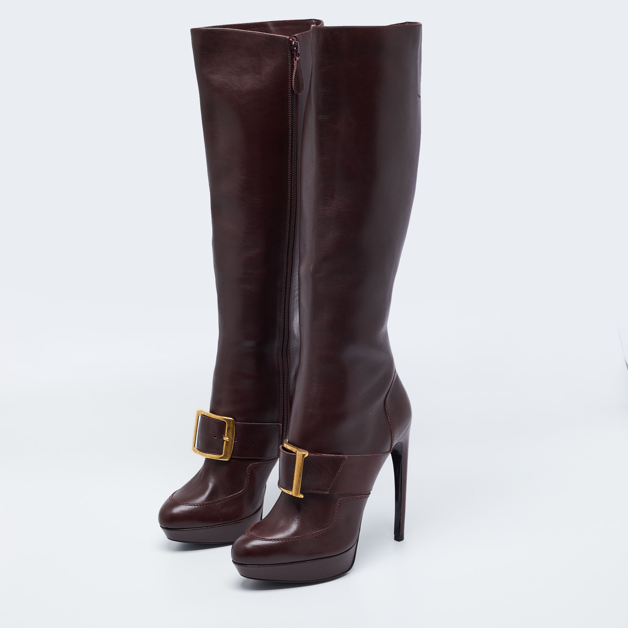 

Alexander McQueen Burgundy Leather Knee Length Boots Size