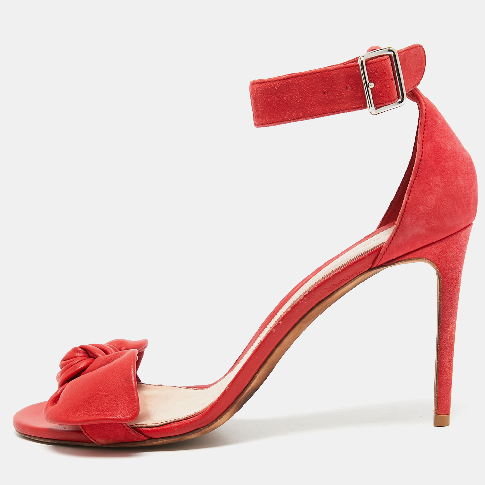 Pre-owned Alexander Mcqueen Red Suede And Leather Bow Ankle Strap Sandals Size 40