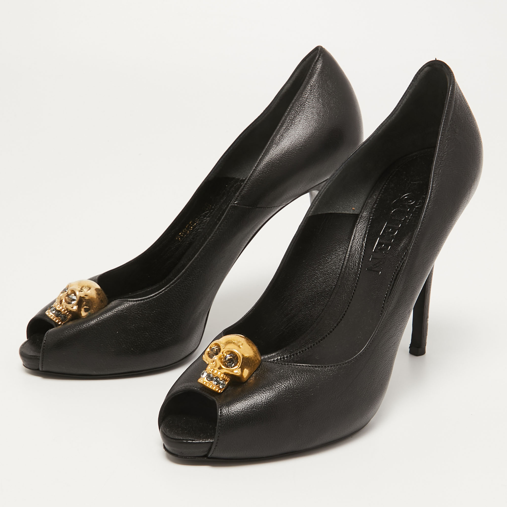 

Alexander McQueen Black Leather Skull Peep Toe Pumps Size