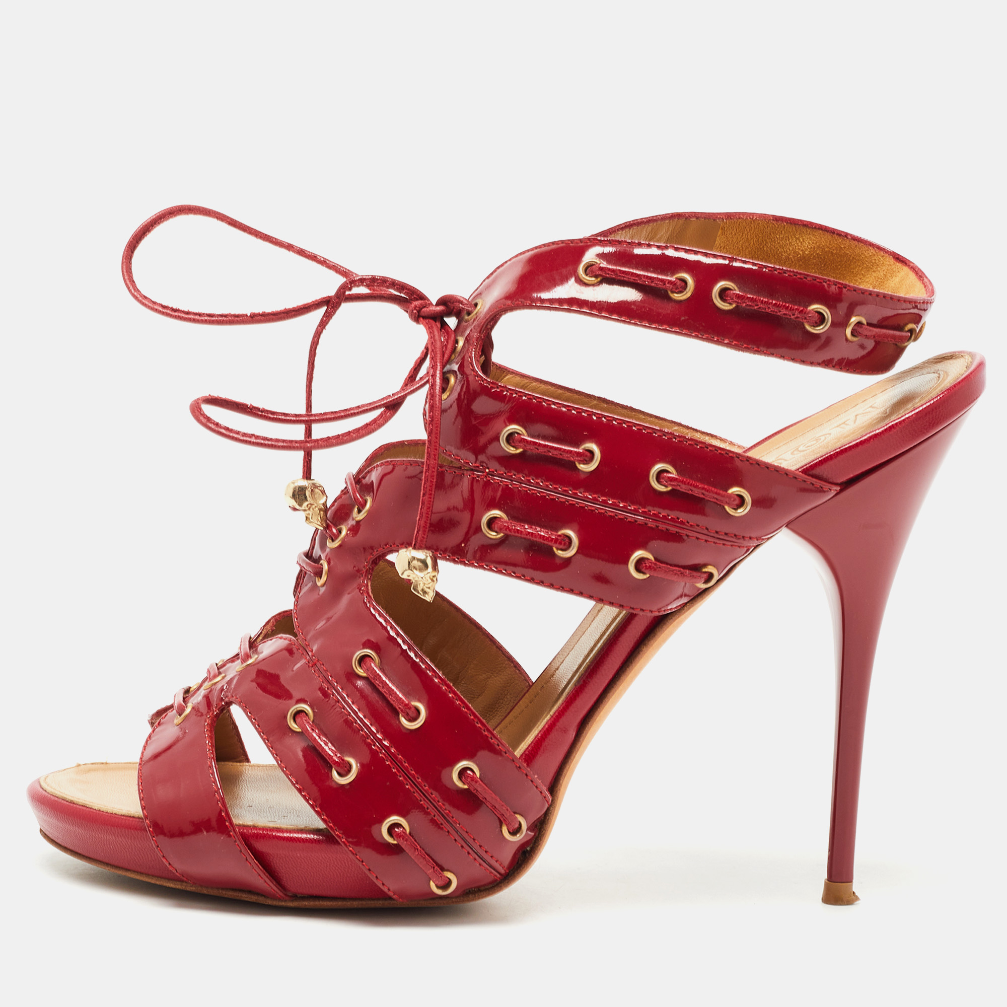 Pre-owned Alexander Mcqueen Red Patent Leather Lace Up Ankle Strap Sandals Size 39