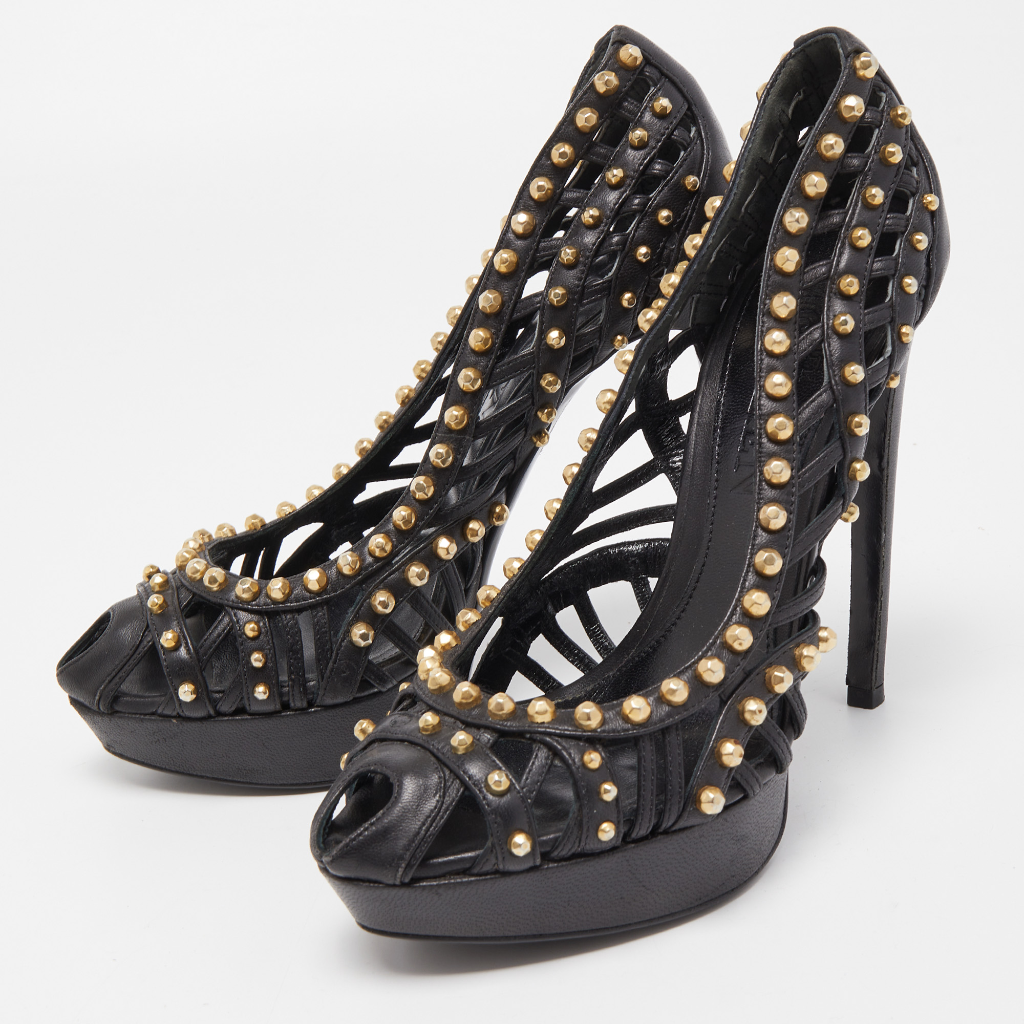 

Alexander McQueen Black Cutout Leather Platform Peep Toe Pumps Size