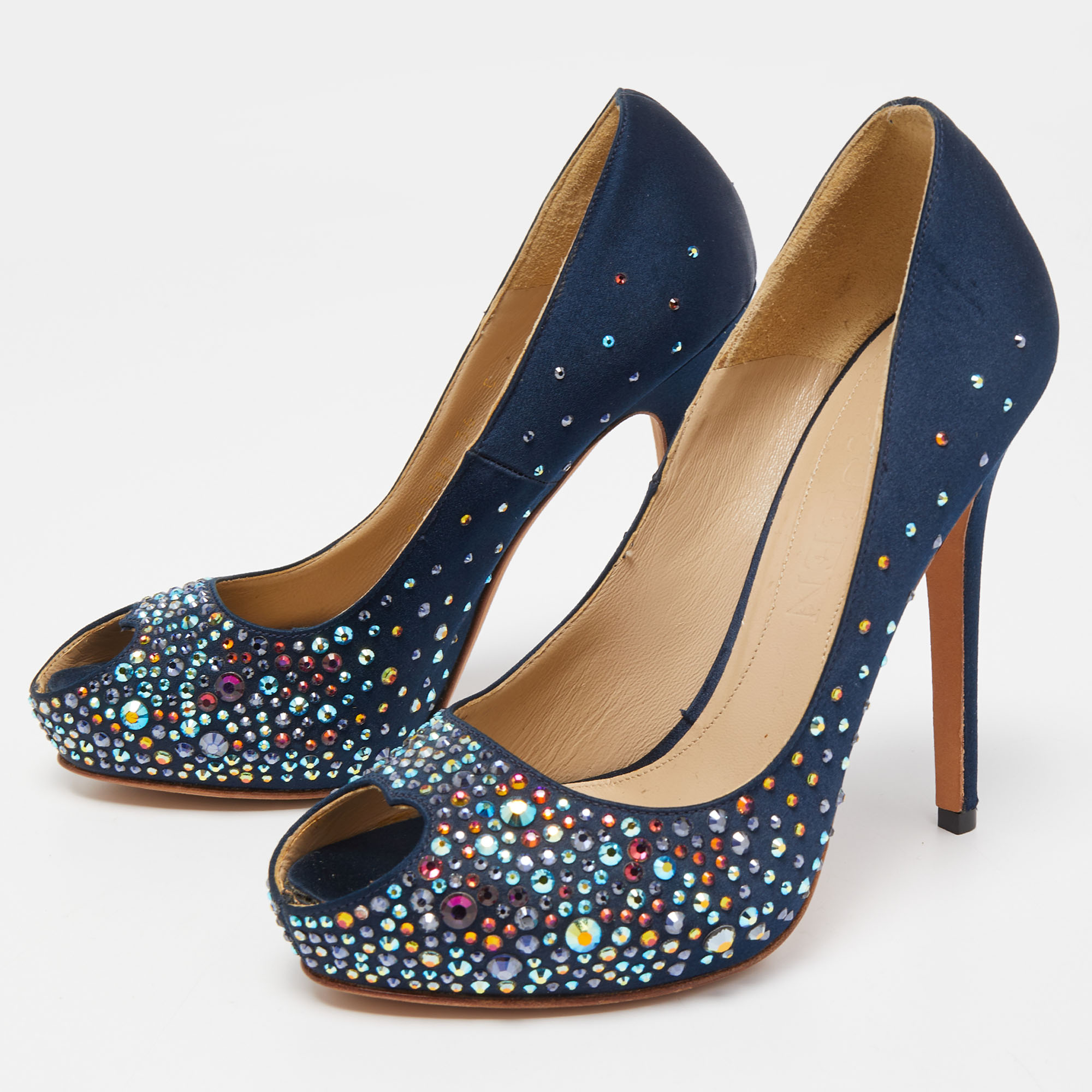 

Alexander McQueen Navy Blue Satin Crystal Embellished Heart Peep Toe Pumps Size