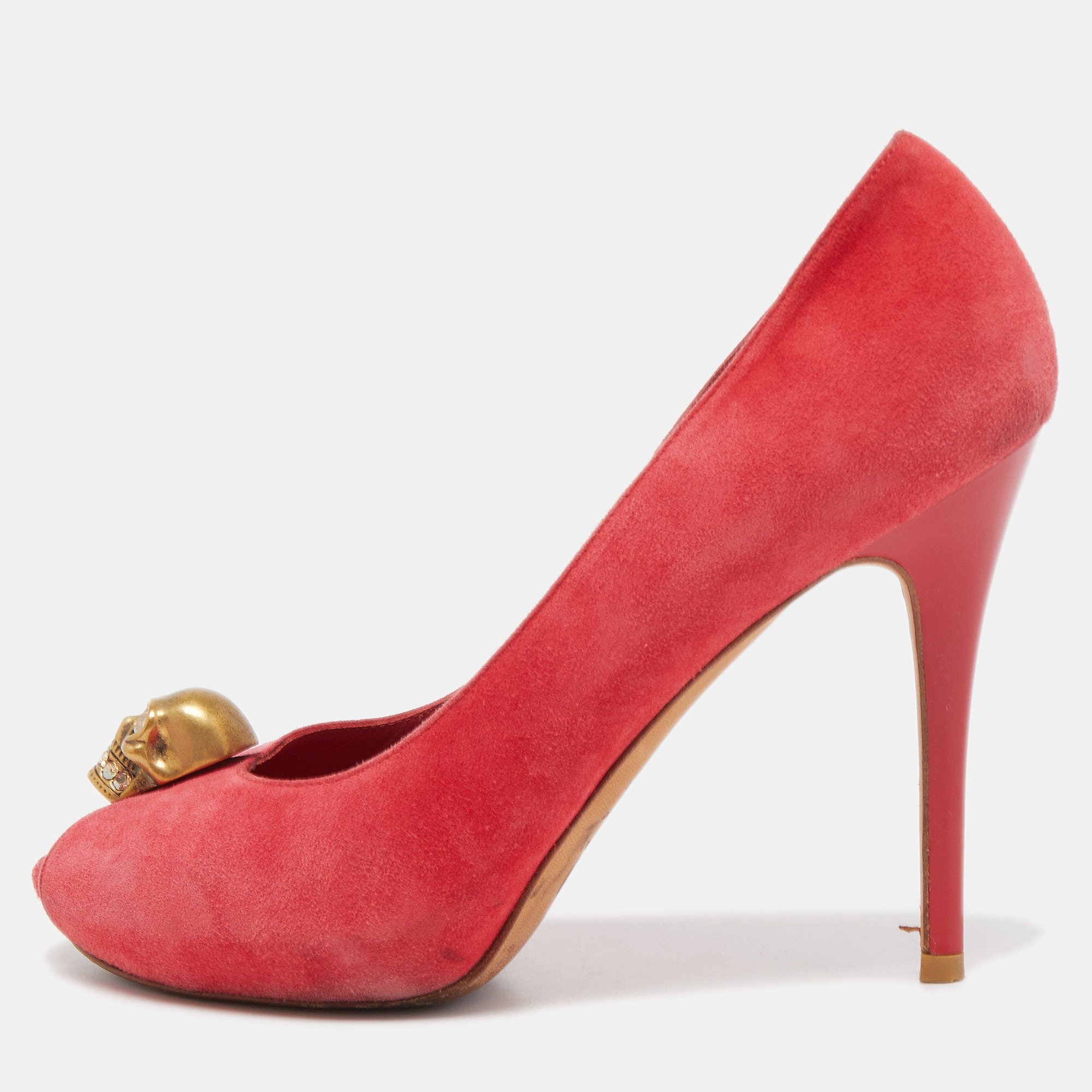 Pre-owned Alexander Mcqueen Red Suede Skull Peep Toe Pumps Size 37