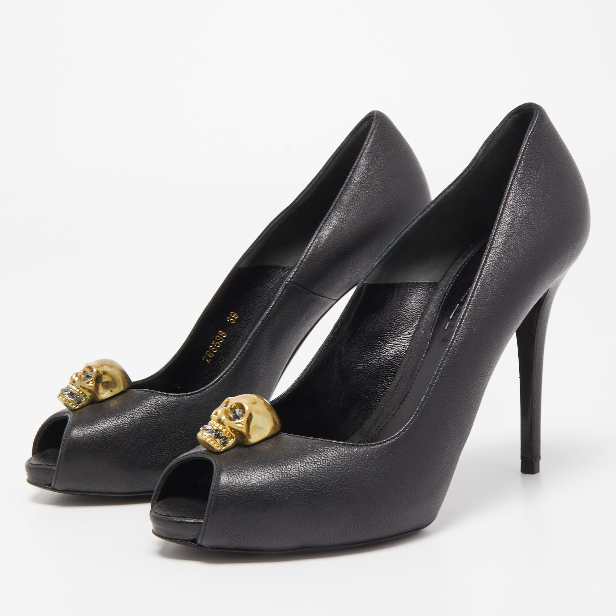

Alexander McQueen Black Leather Skull Platform Peep Toe Pumps Size
