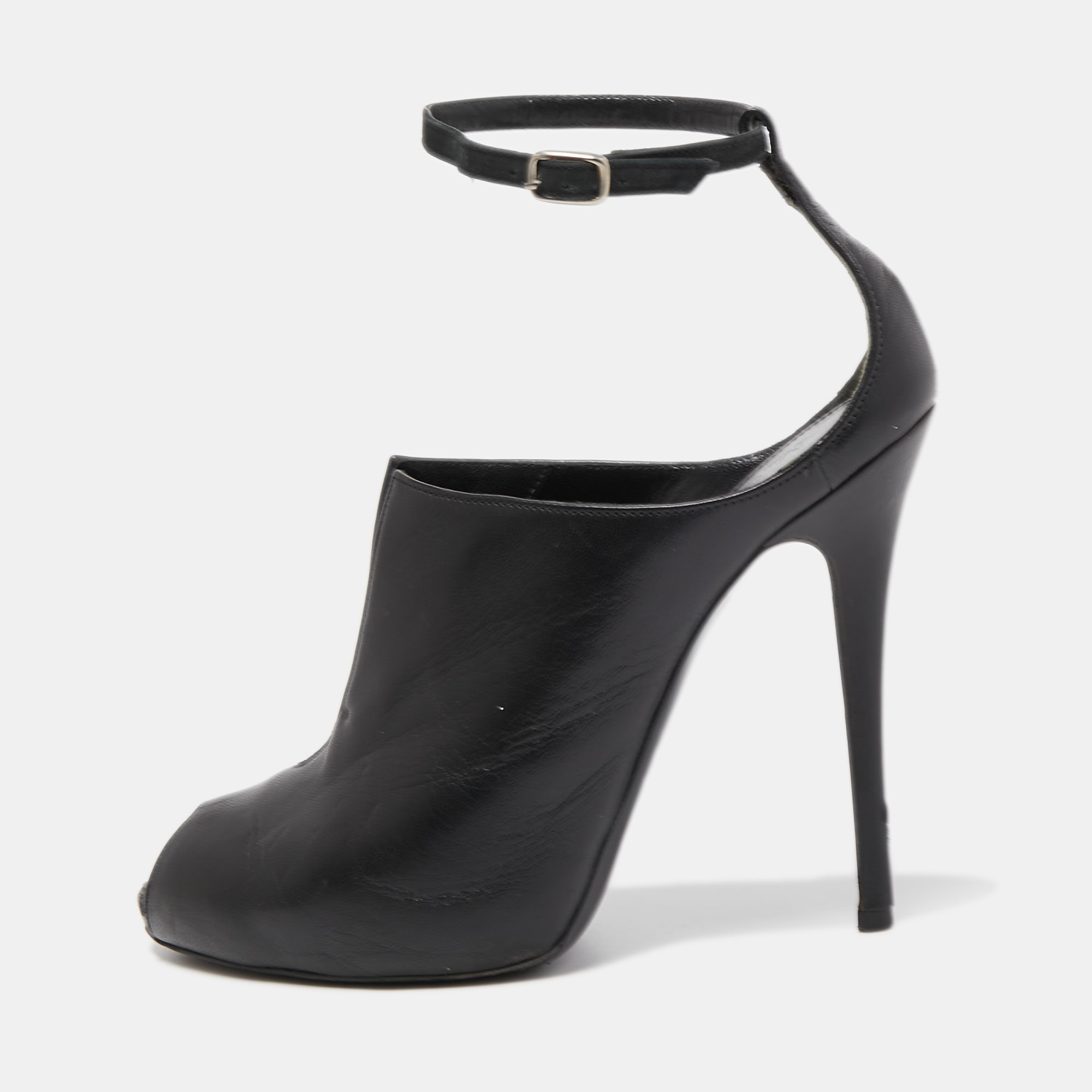 

Alexander McQueen Black Leather Cutout Ankle Strap Boots Size