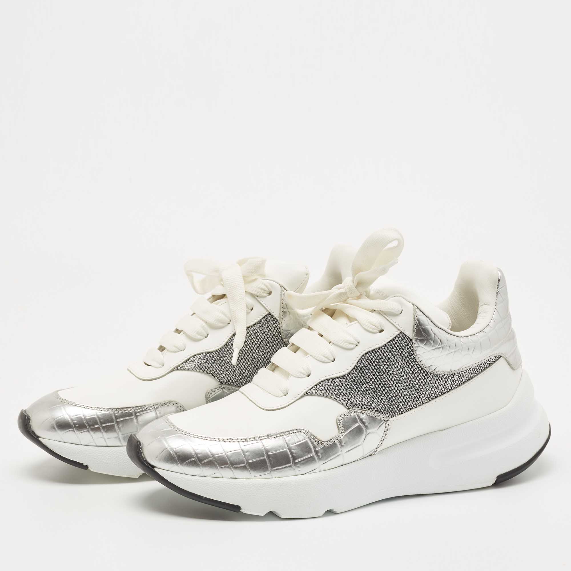 

Alexander McQueen White Croc Embossed Leather Oversized Low Top Sneakers Size