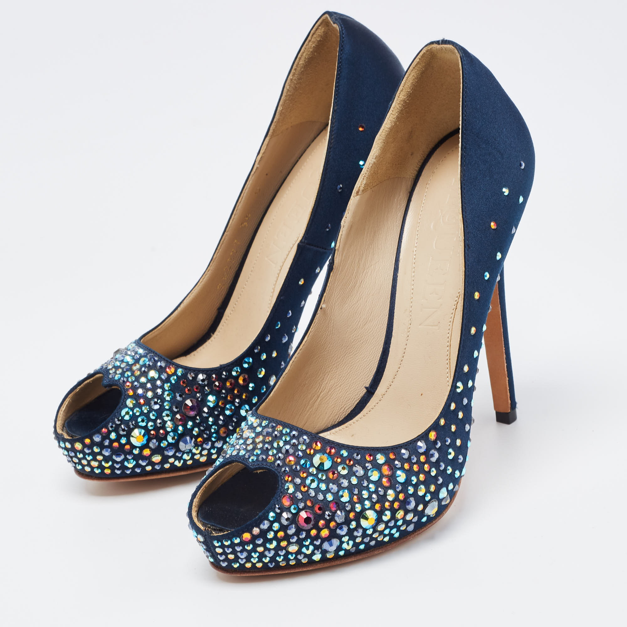 

Alexander McQueen Navy Blue Satin Crystal Embellished Peep Toe Pumps Size