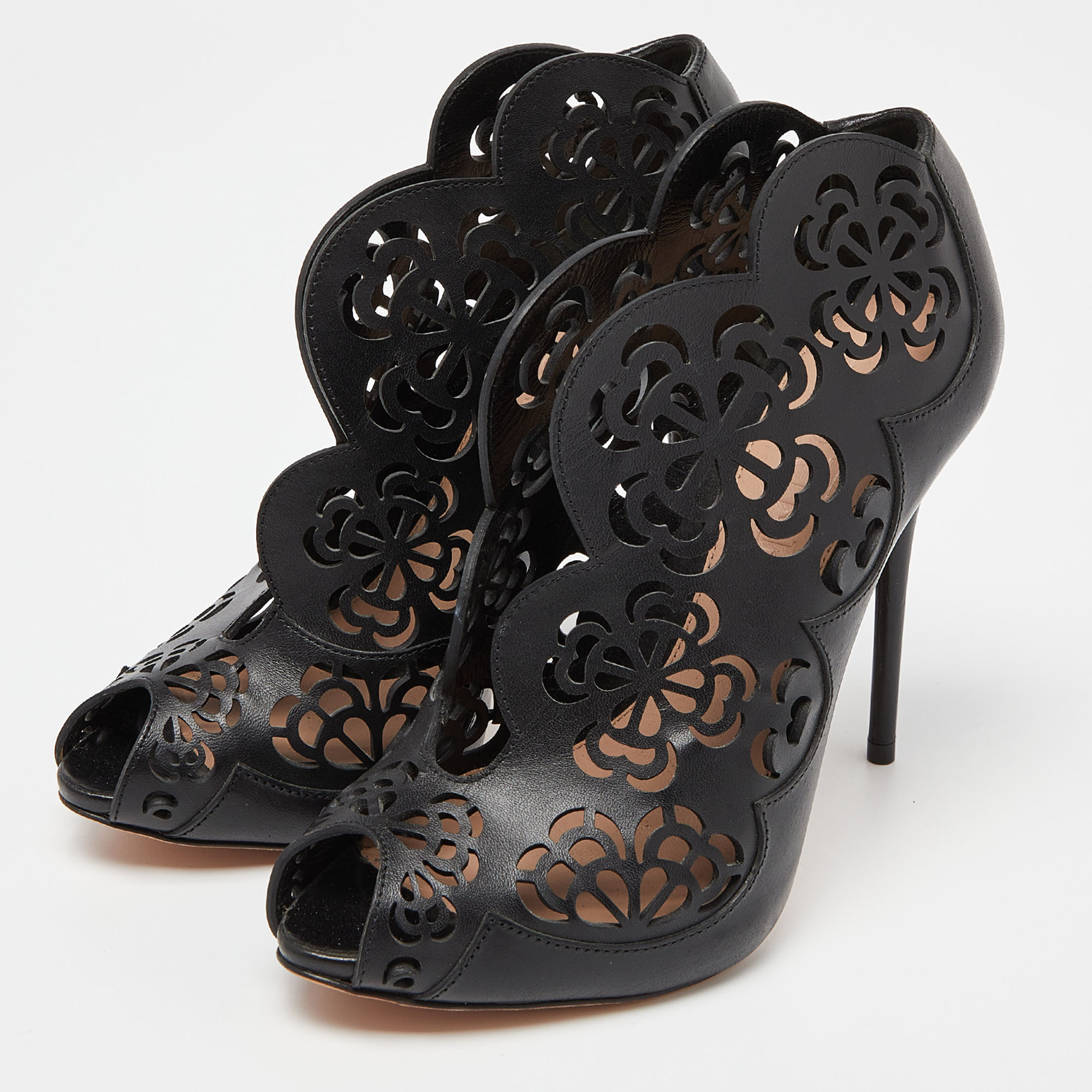 

Alexander McQueen Black Laser Cut Leather Peep Toe Booties Size