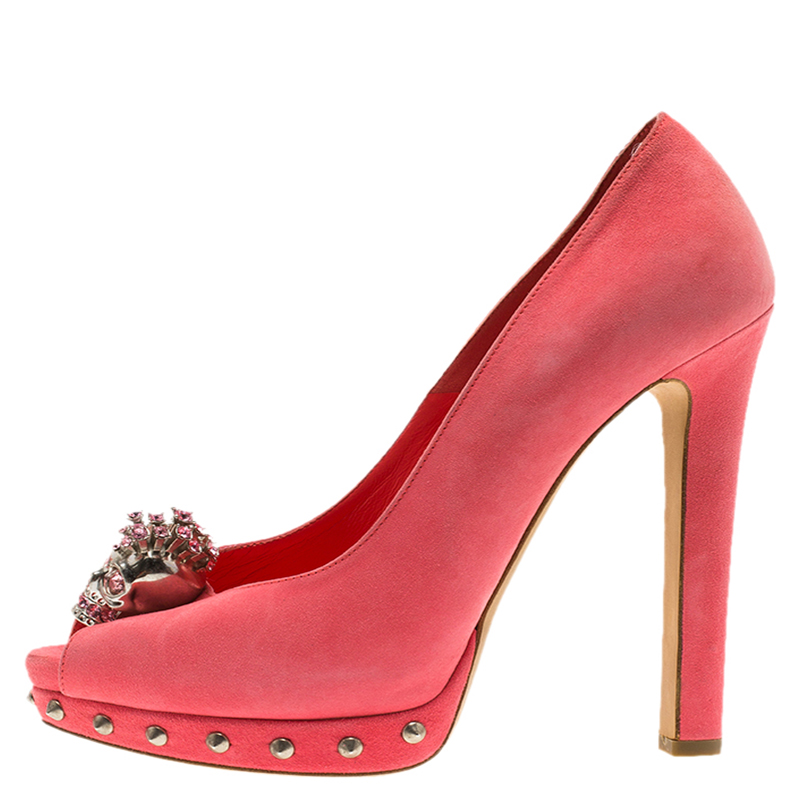 

Alexander McQueen Baby Pink Suede Skull Embellished Peep Toe Platform Pumps Size