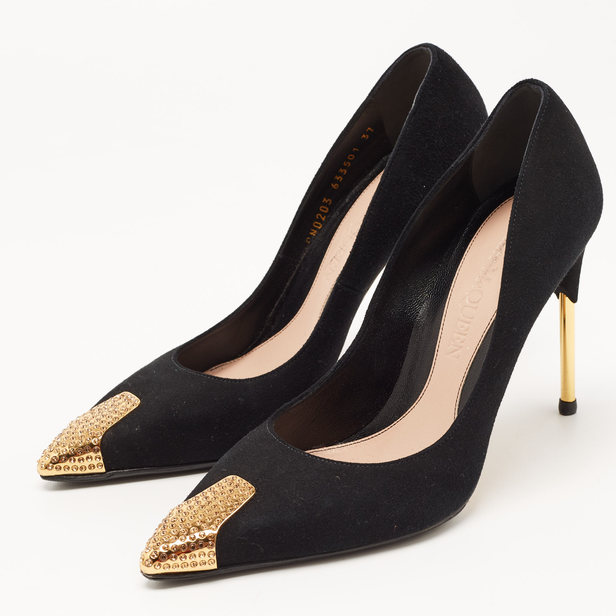 

Alexander McQueen Black Suede Leather Embellished Pointed Toe Pumps Size