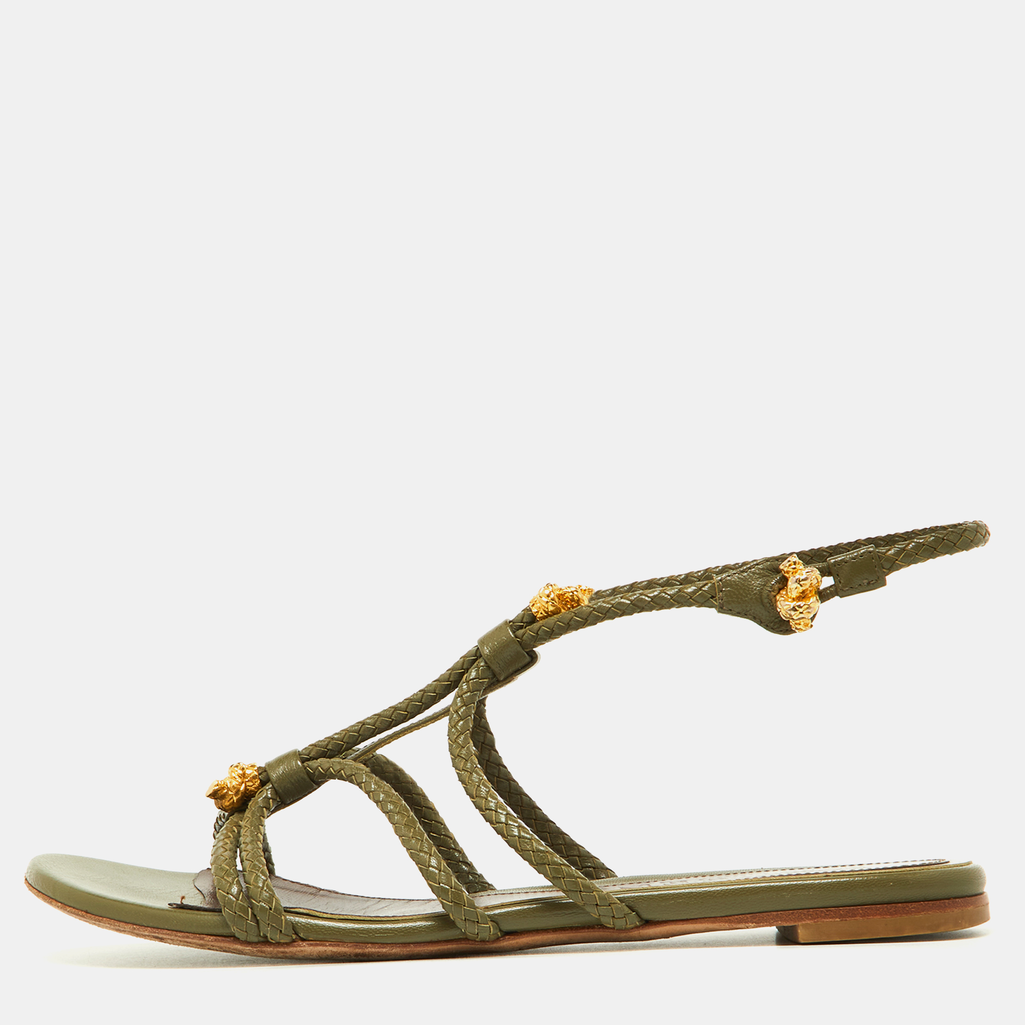 

Alexander McQueen Green Leather Embellished Skull Flat Thong Sandals Size