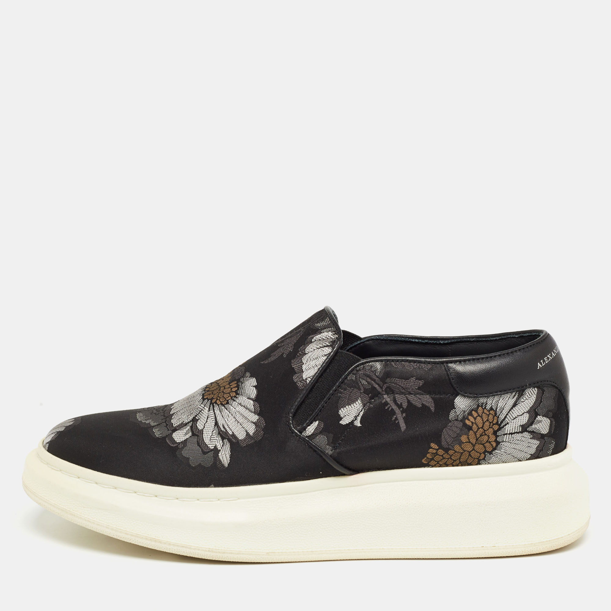 Pre-owned Alexander Mcqueen Black Floral Brocade Fabric Slip On Trainers Size 40