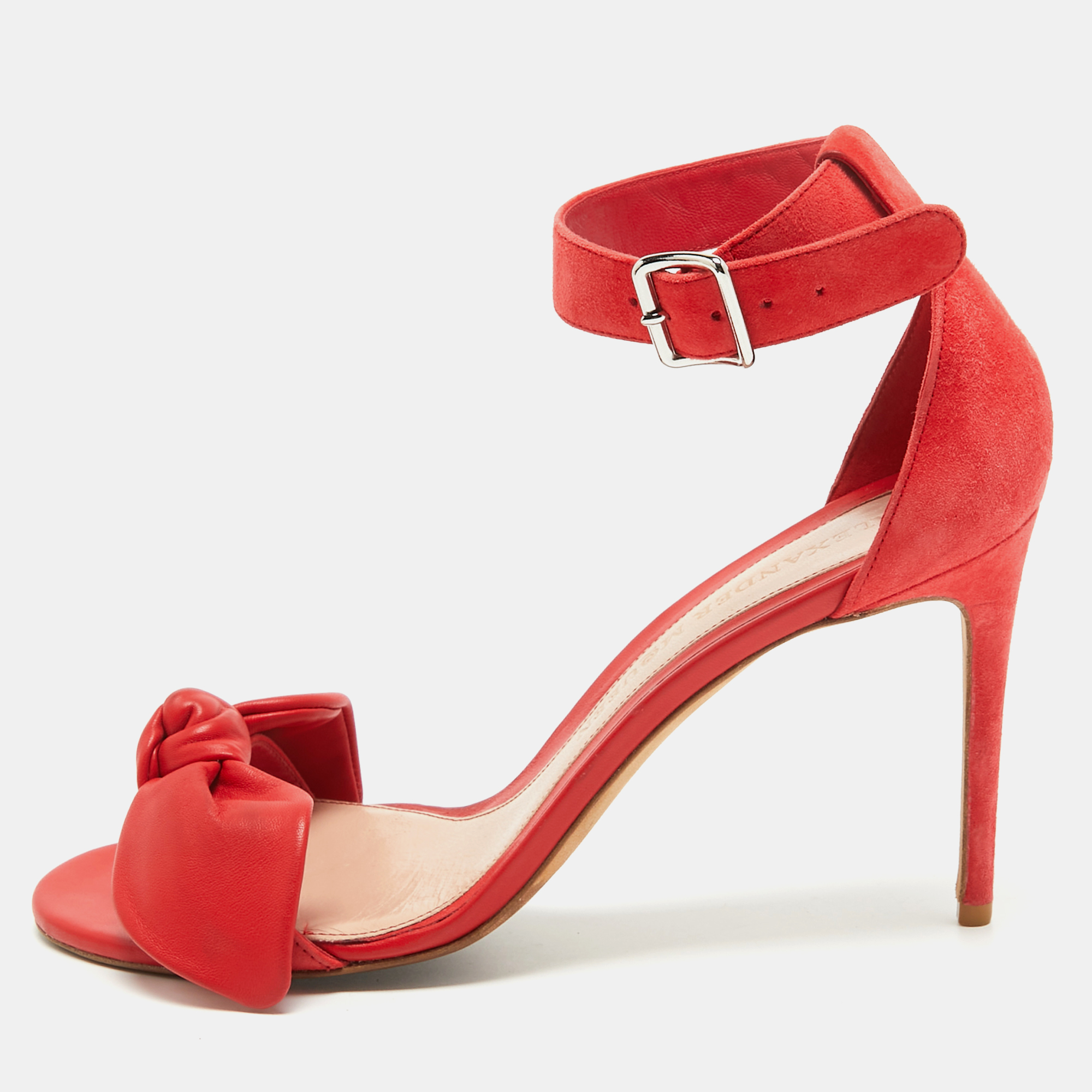 

Alexander McQueen Red Suede and Leather Bow Ankle Strap Sandals Size