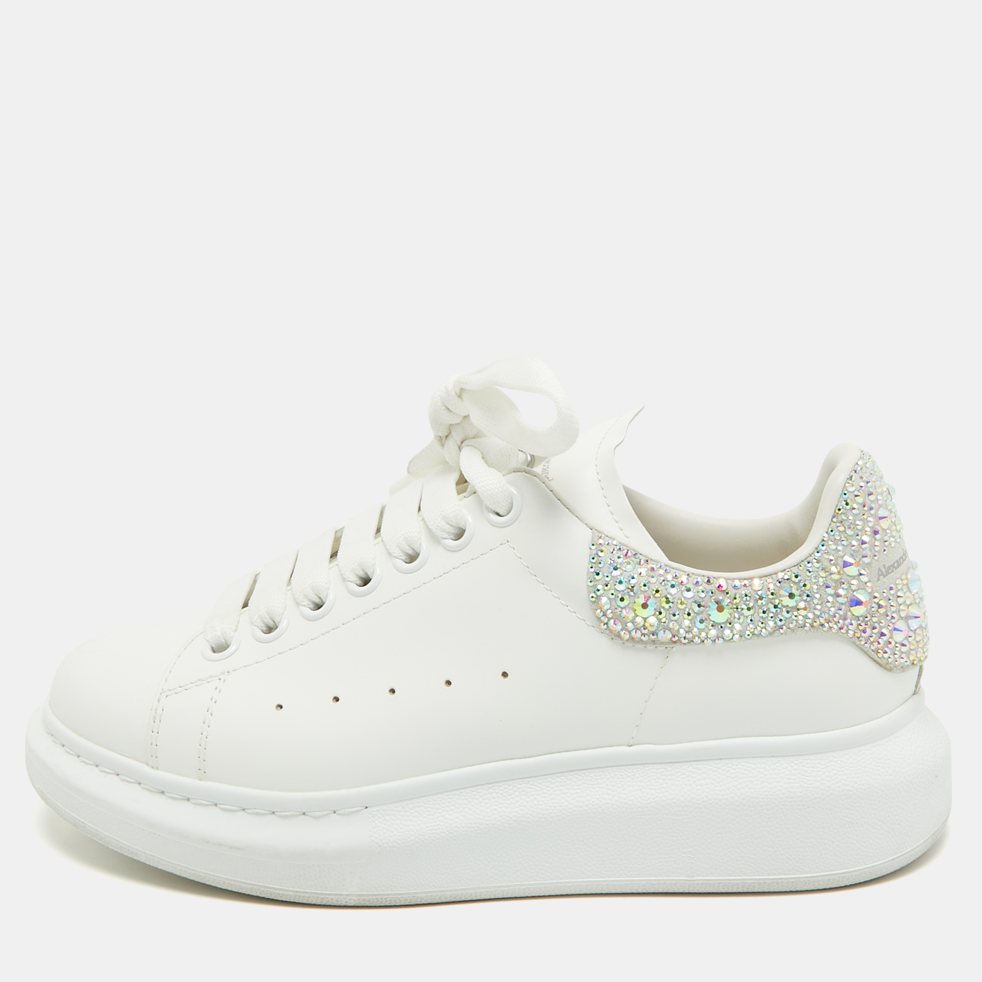 Pre Owned Alexander McQueen White Leather Crystal Embellished Oversized Sneakers Size 37